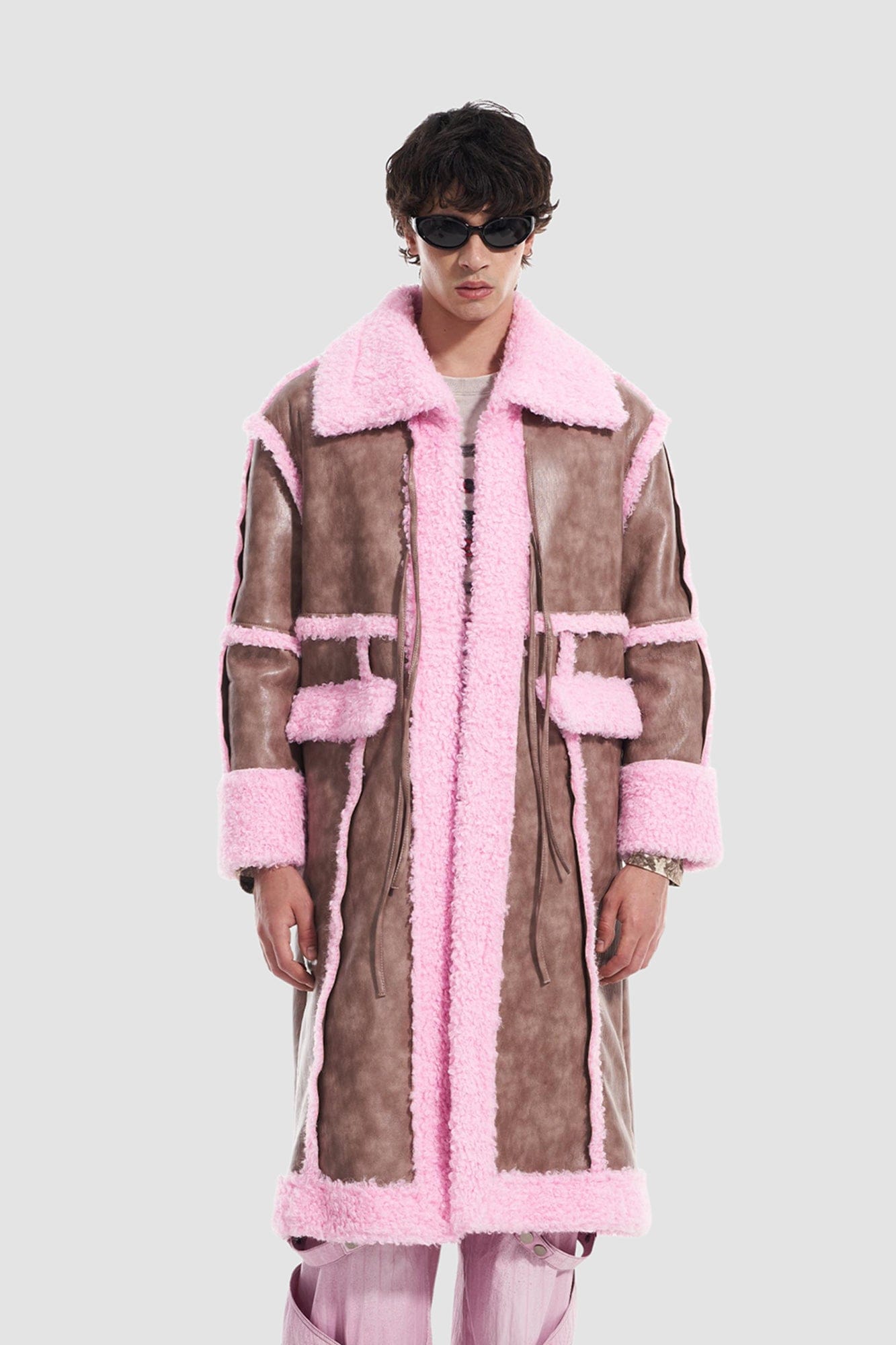 VANN VALRENCE Shearling-Trim Panel PU Long Coat