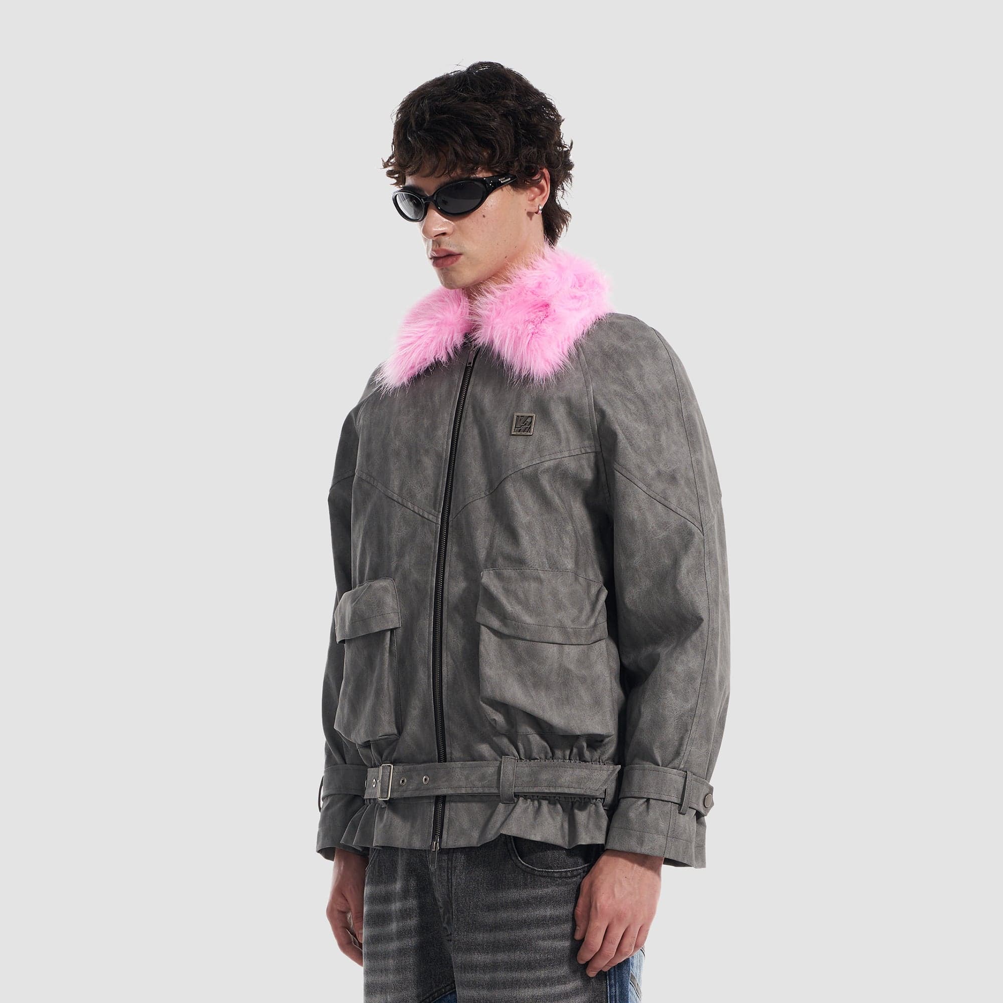 VANN VALRENCE Contrast Faux Fur Collar Belted Jacket