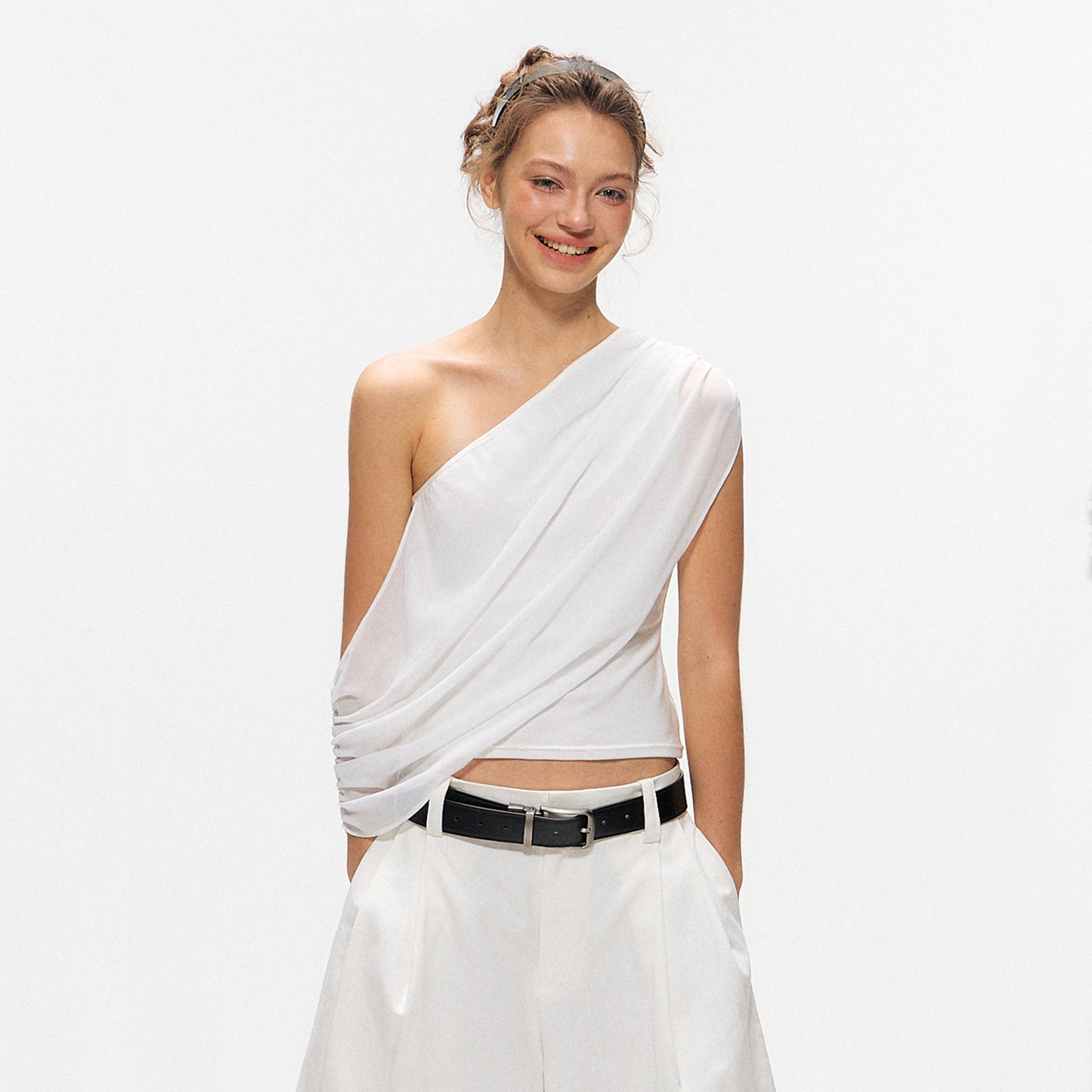 10AMSOTIIIIIIRED Asymmetrical Convertible Draped Overlay Top