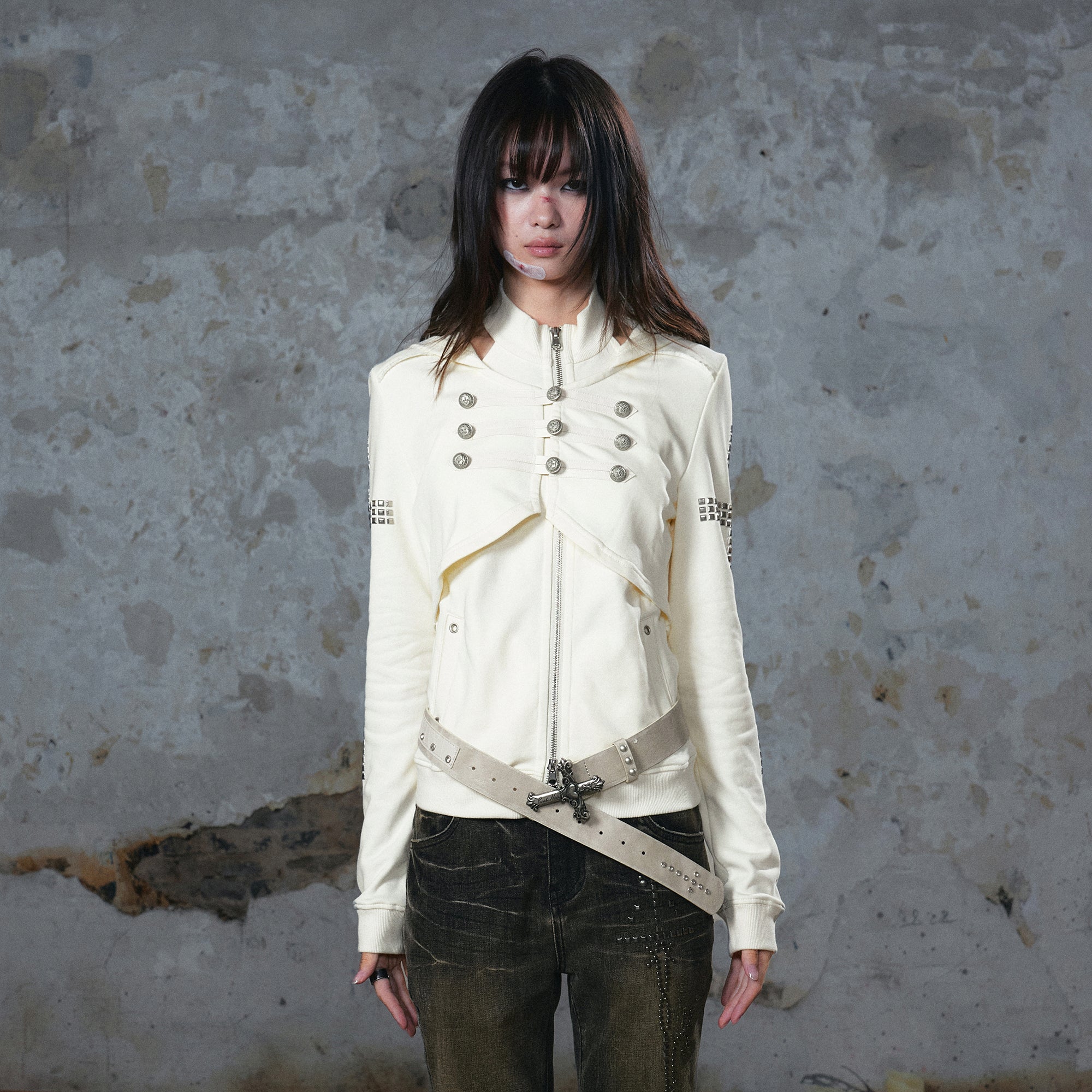 CESTNOUS Punk Metal-Button Napoleon Zip-Up Hoodie