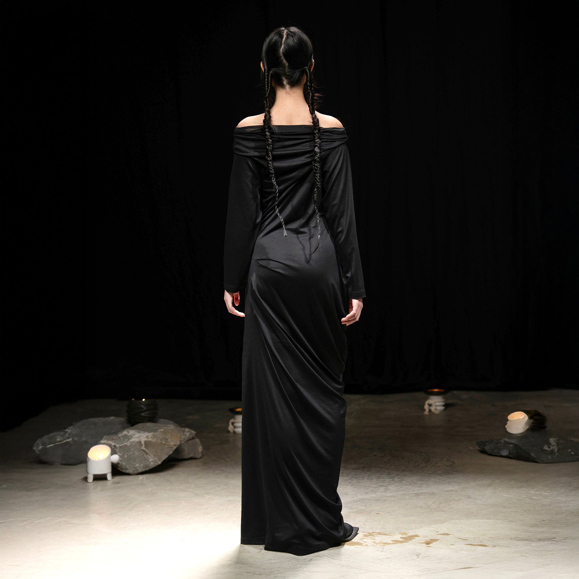 WUHEYIZUO Asymmetrical Draped Side-Ruched Maxi Dress Black