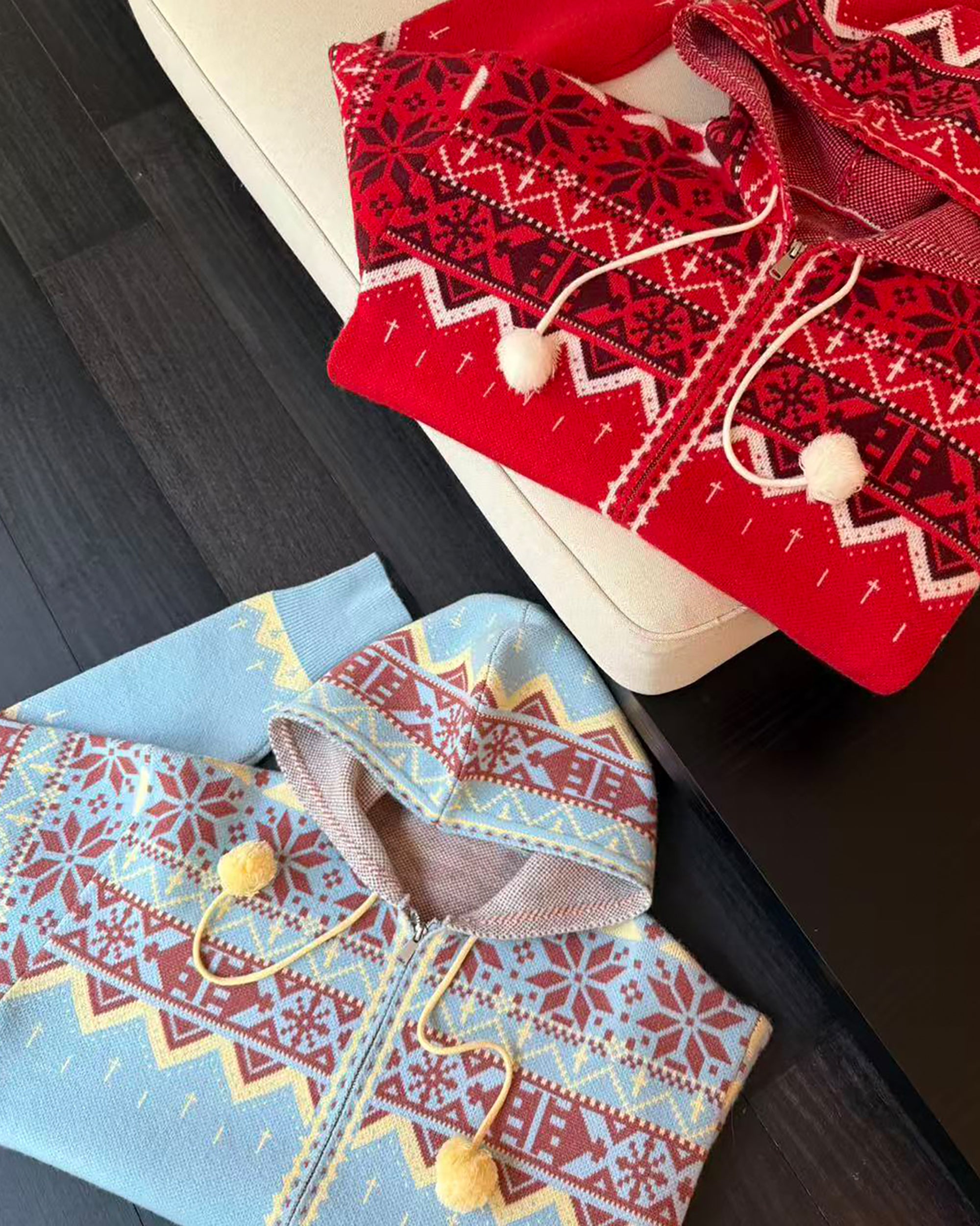 DONSMOKE Retro Fair Isle Pom Zip-Up Hoodie