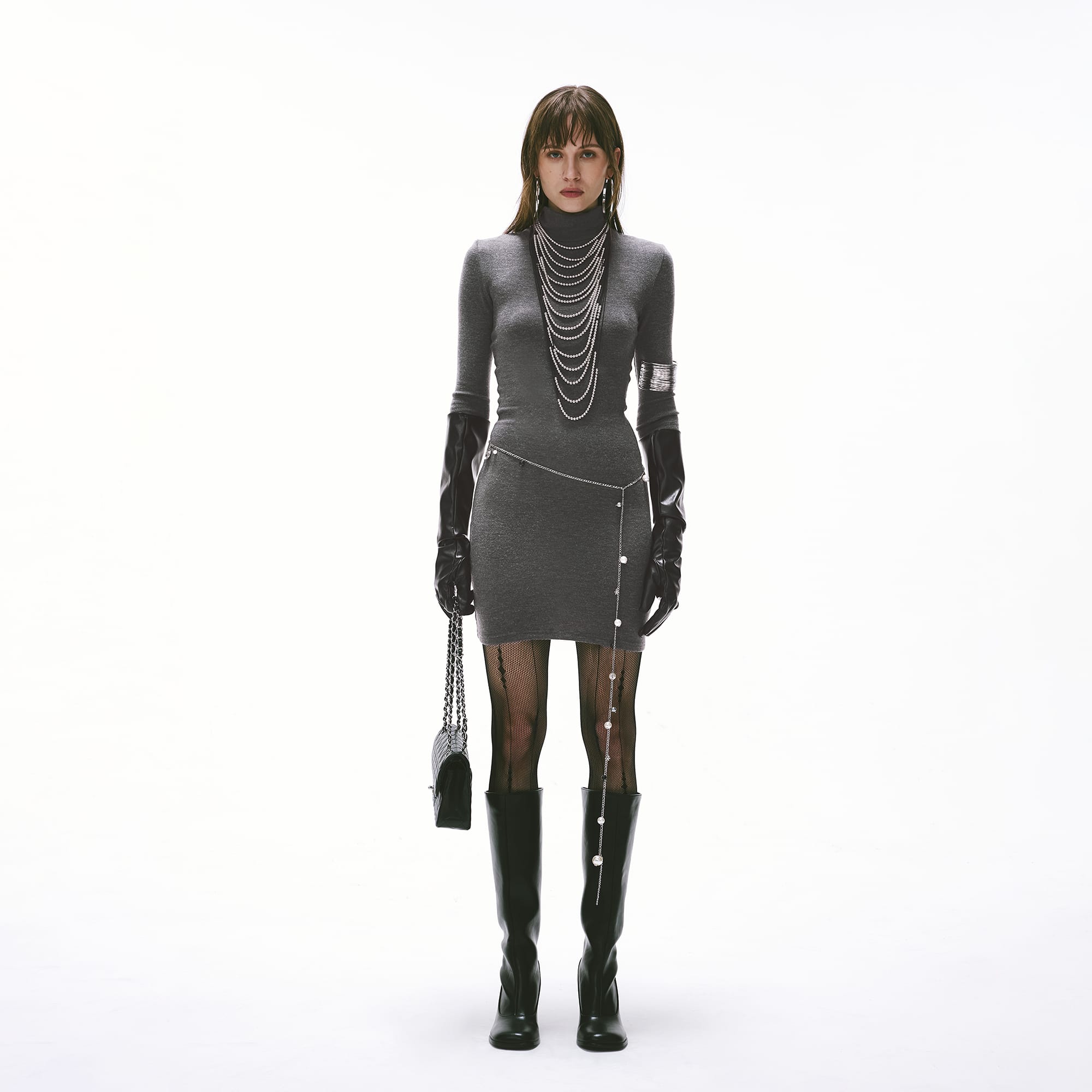 CYNR High-Neck Side-Ruched Bodycon Dress
