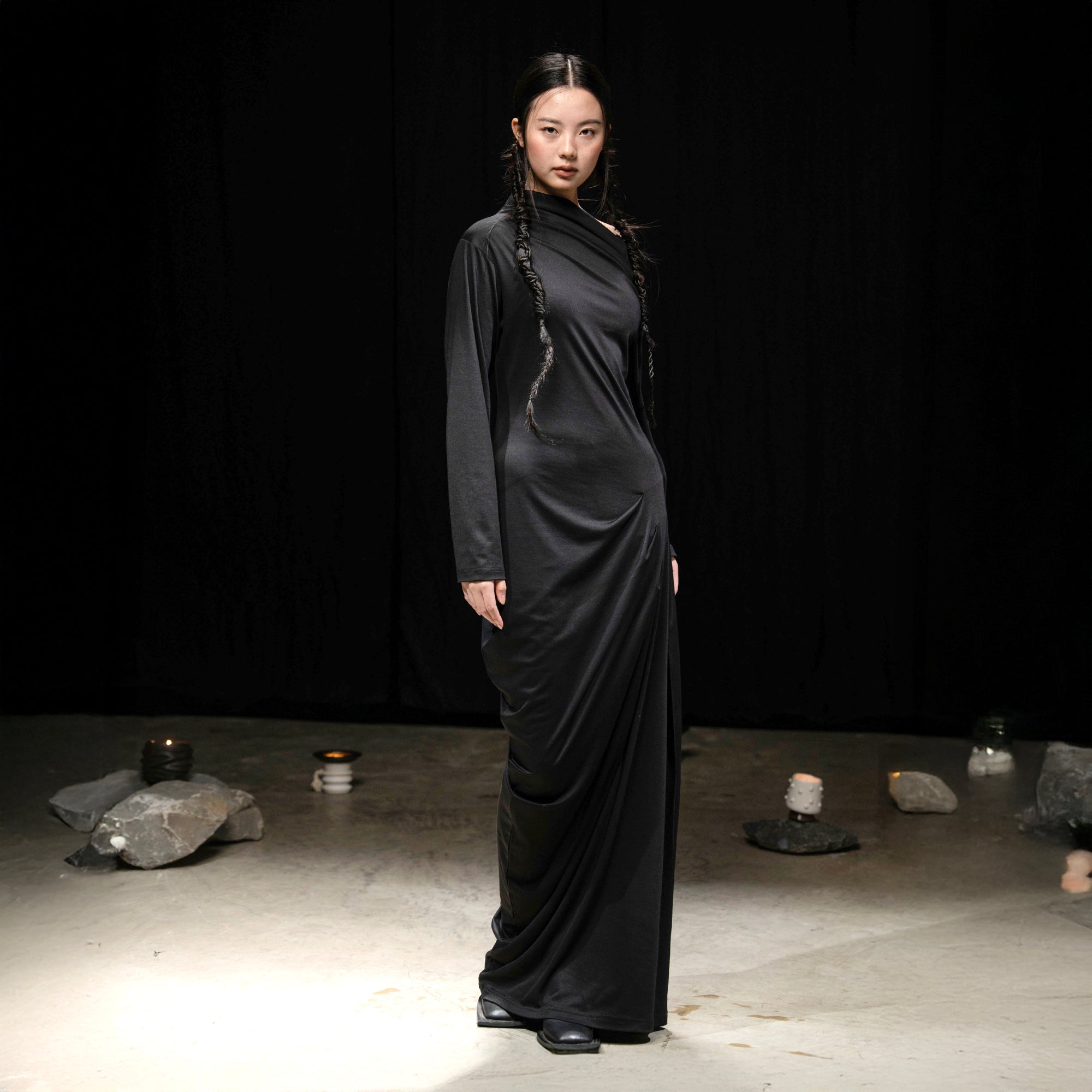 WUHEYIZUO Asymmetrical Draped Side-Ruched Maxi Dress Black