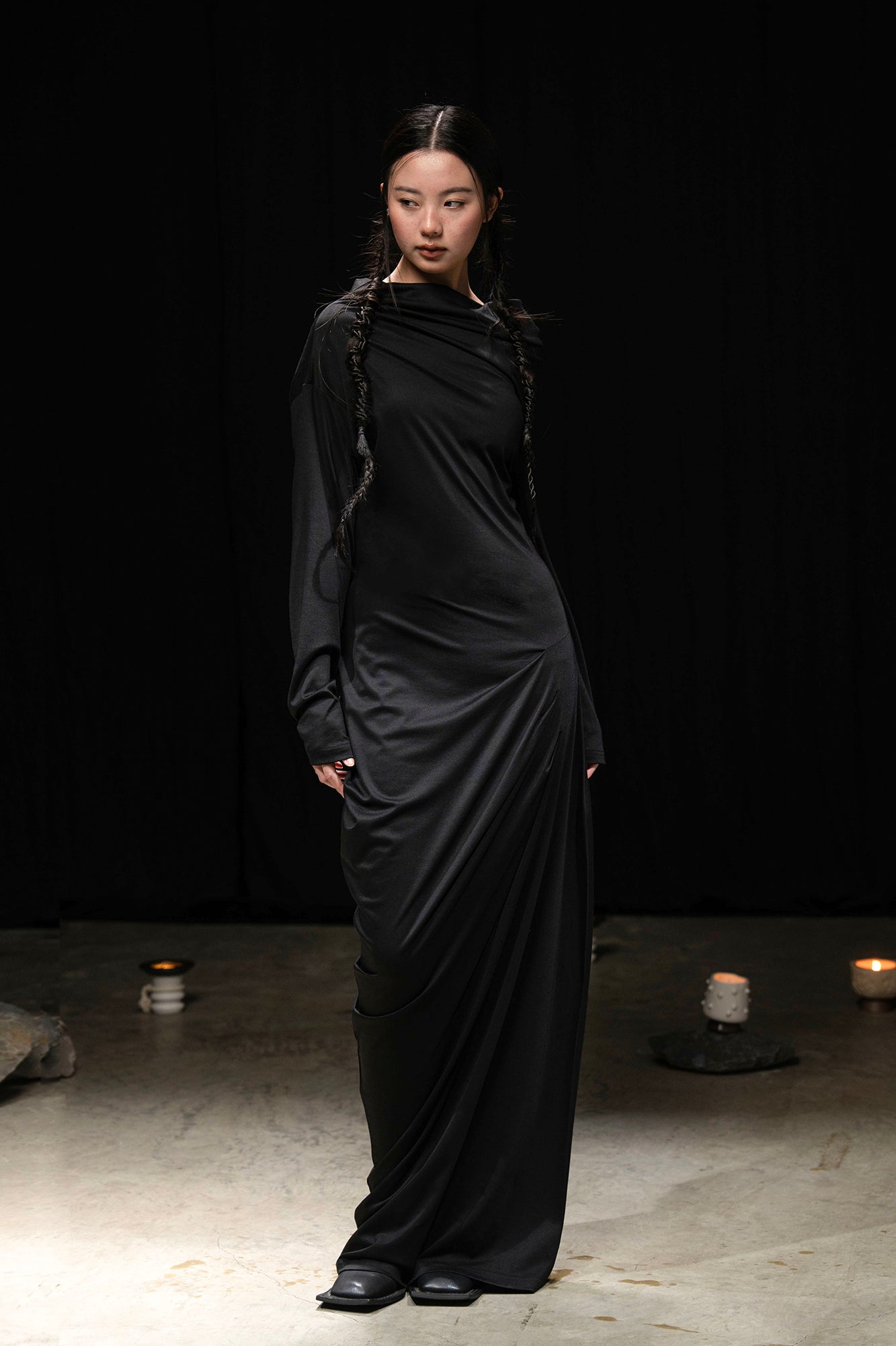 WUHEYIZUO Asymmetrical Draped Side-Ruched Maxi Dress Black