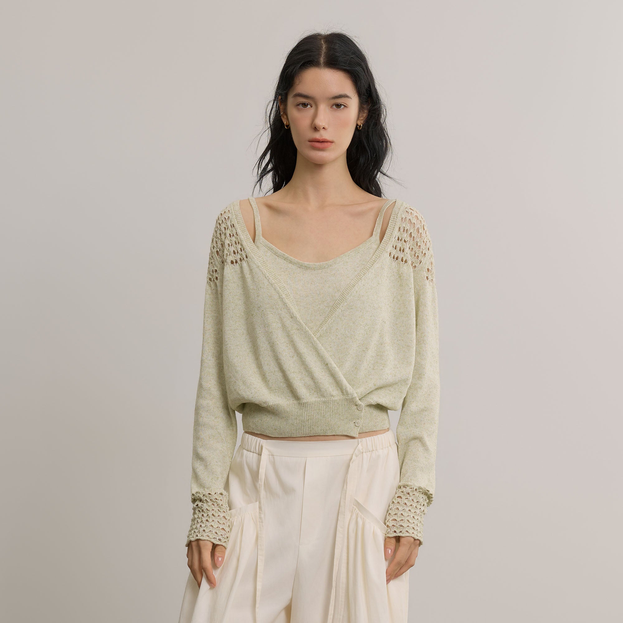 SAME FLOW Open-Knit Cropped Cardigan Set