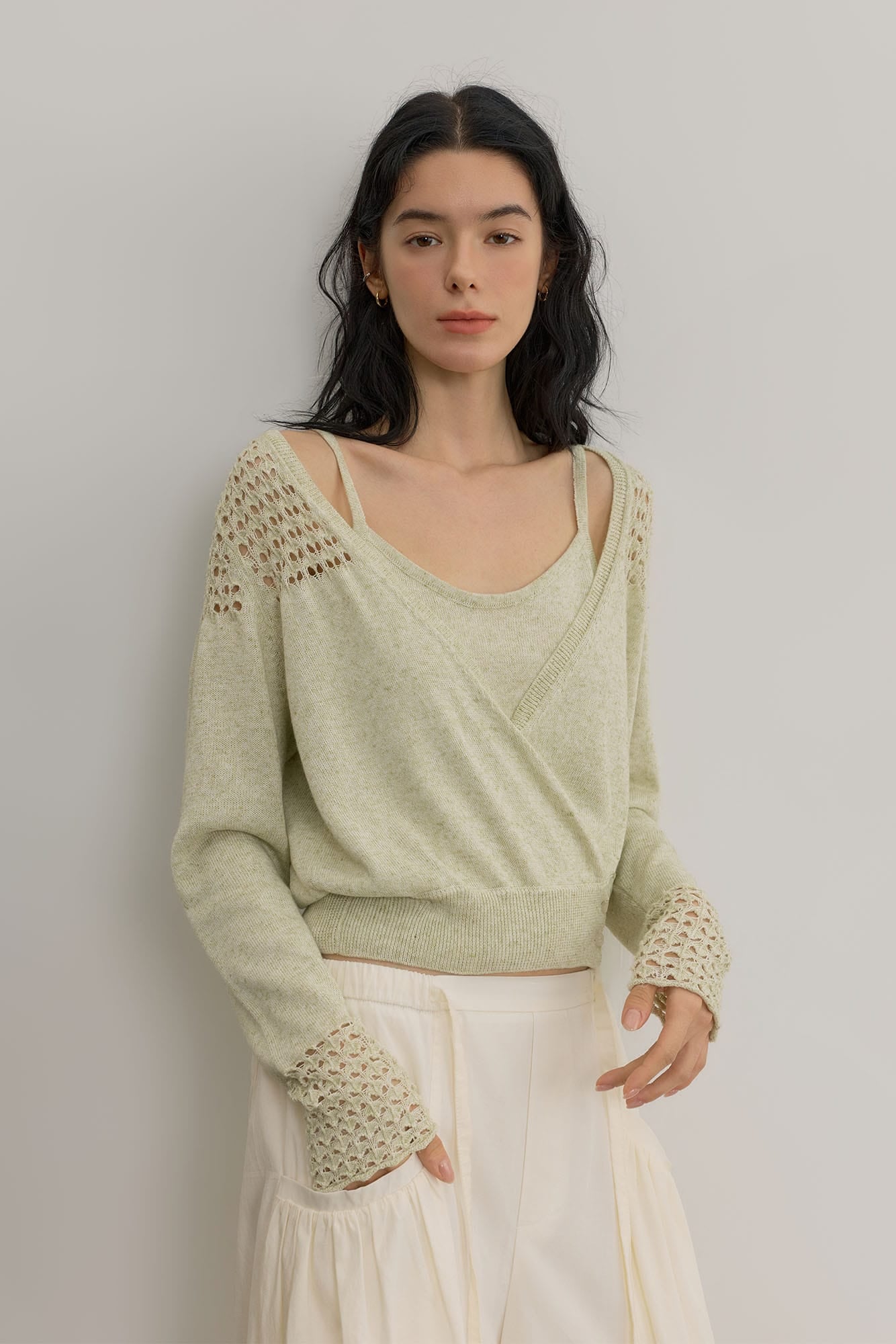 SAME FLOW Open-Knit Cropped Cardigan Set