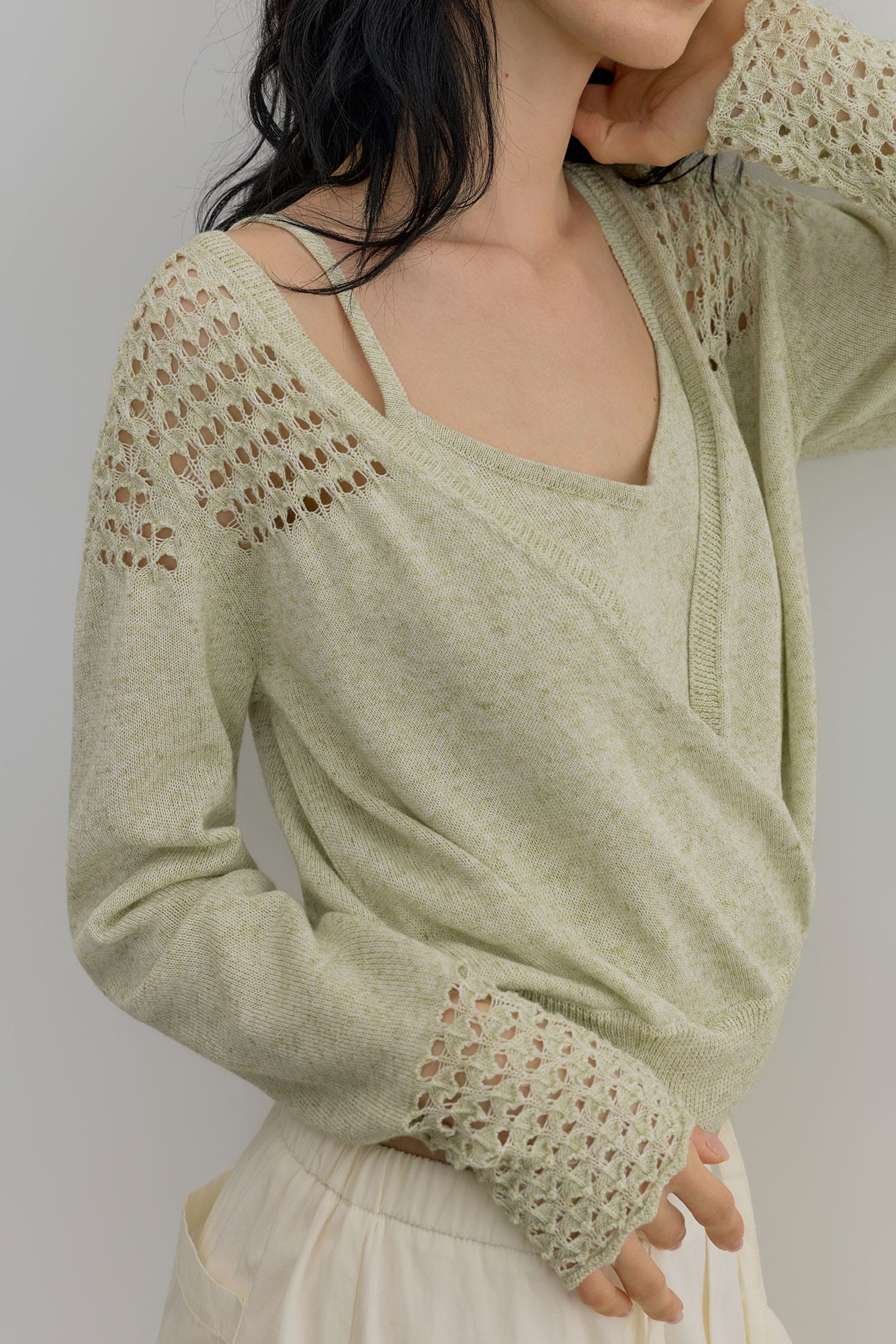 SAME FLOW Open-Knit Cropped Cardigan Set