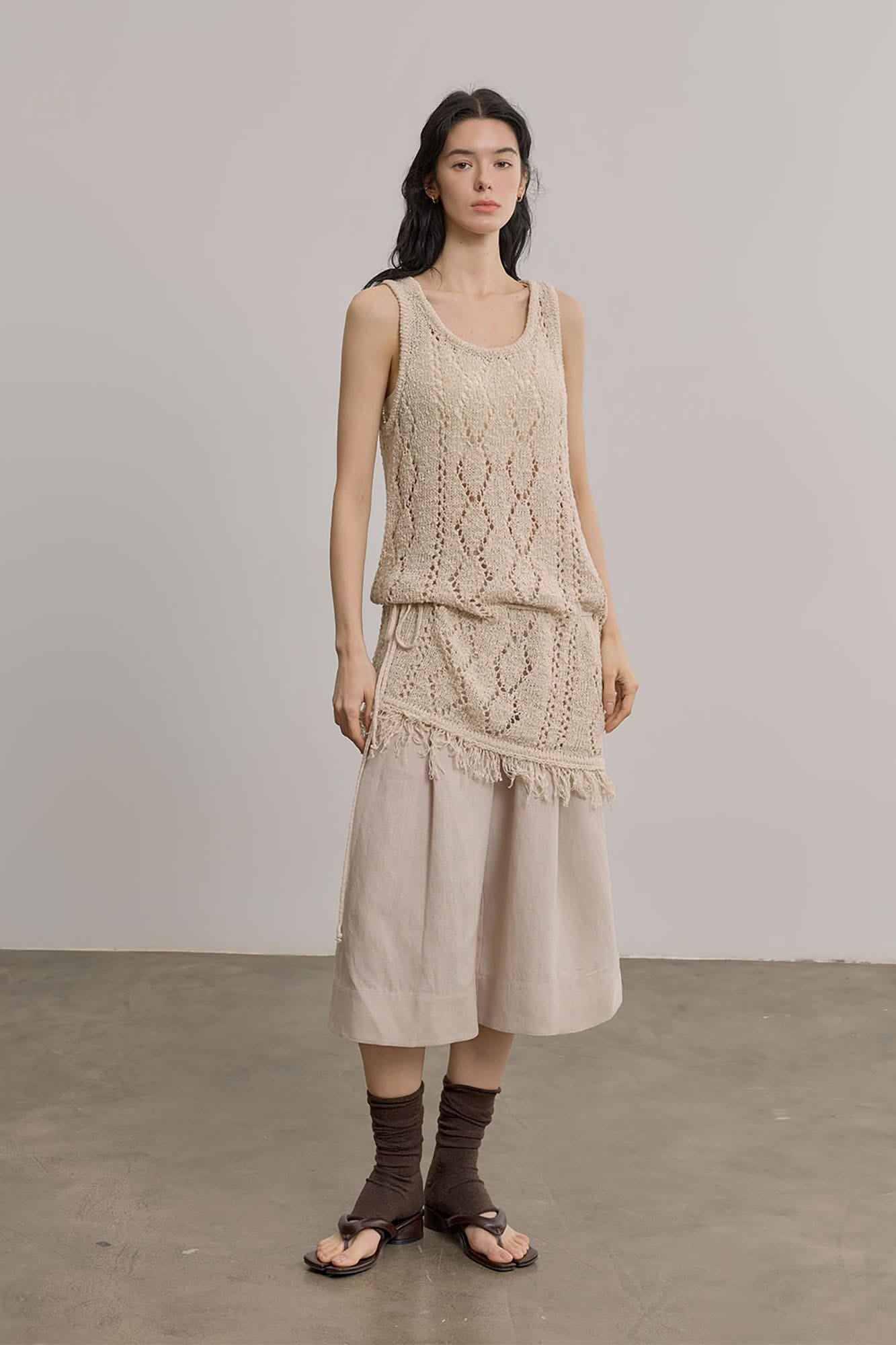 SAME FLOW Open-Knit Fringe Hem Tank Mini Dress