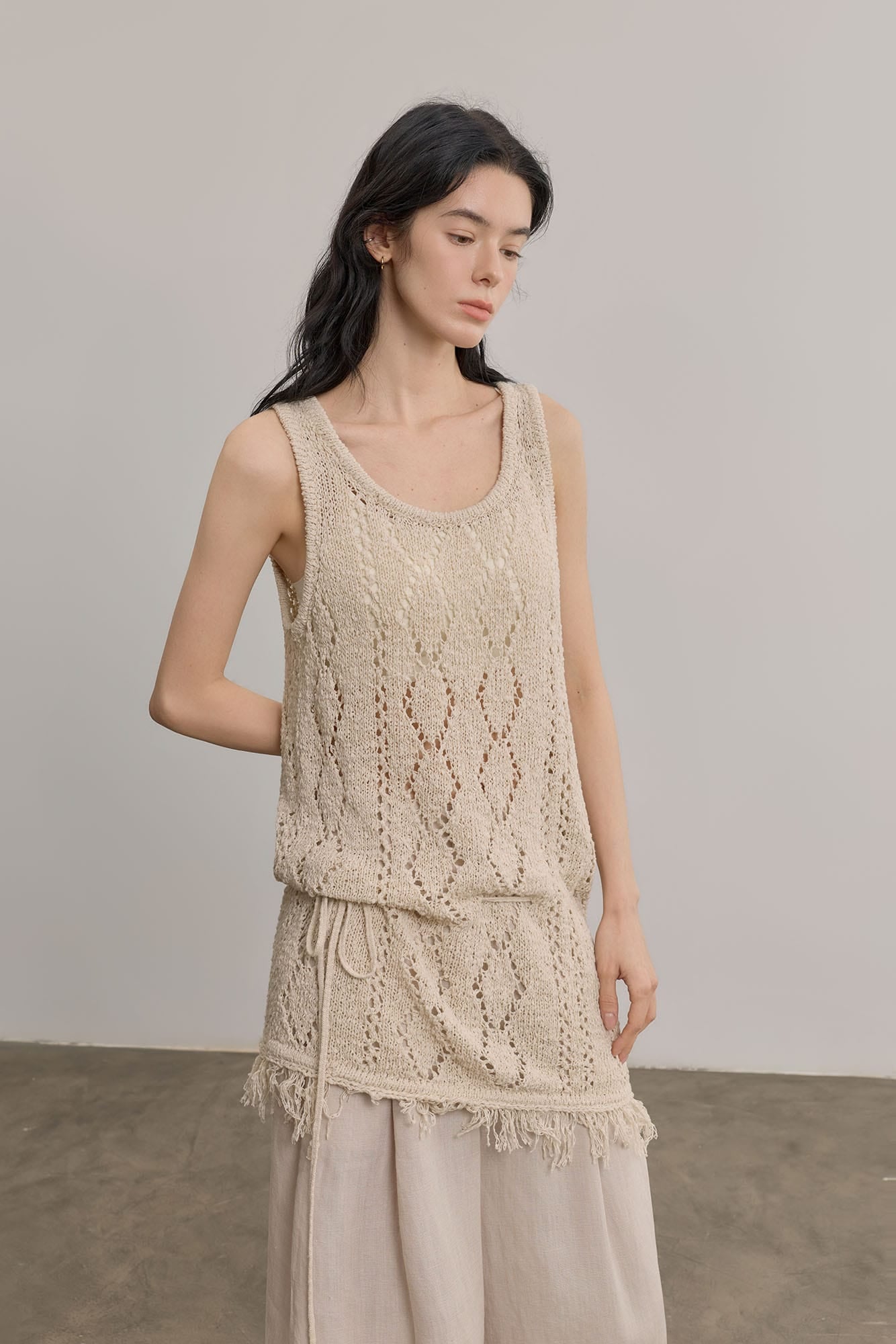 SAME FLOW Open-Knit Fringe Hem Tank Mini Dress