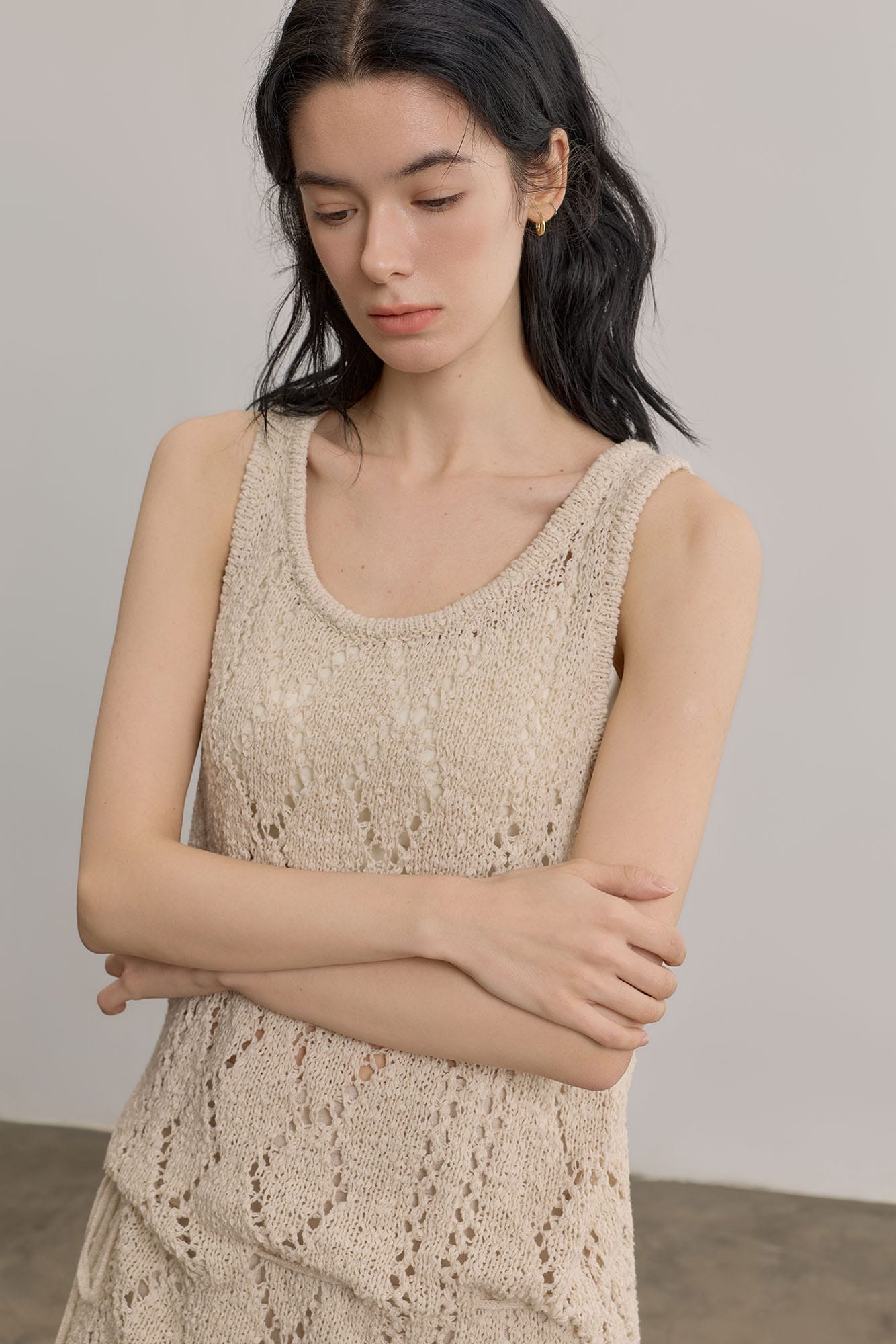 SAME FLOW Open-Knit Fringe Hem Tank Mini Dress