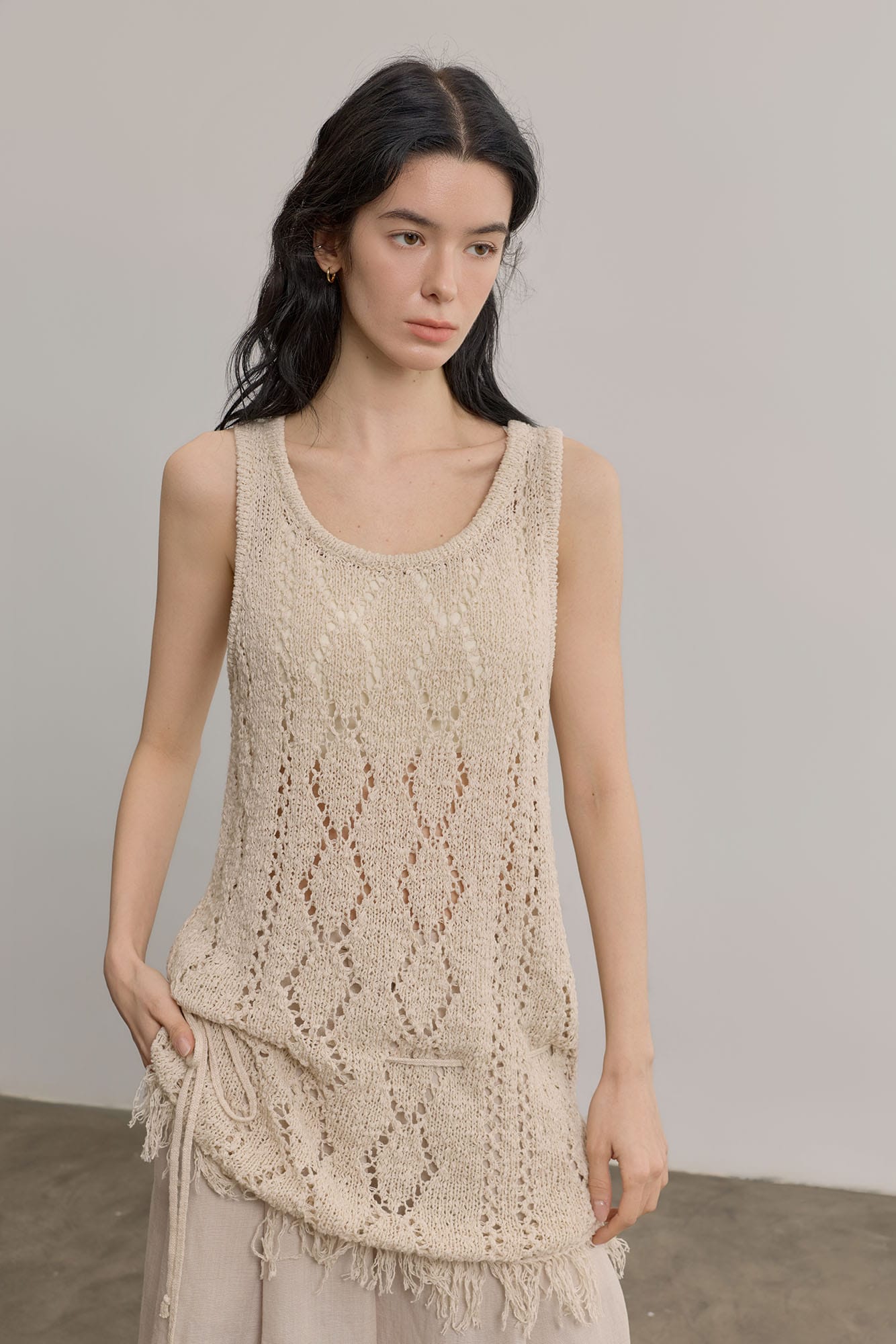 SAME FLOW Open-Knit Fringe Hem Tank Mini Dress