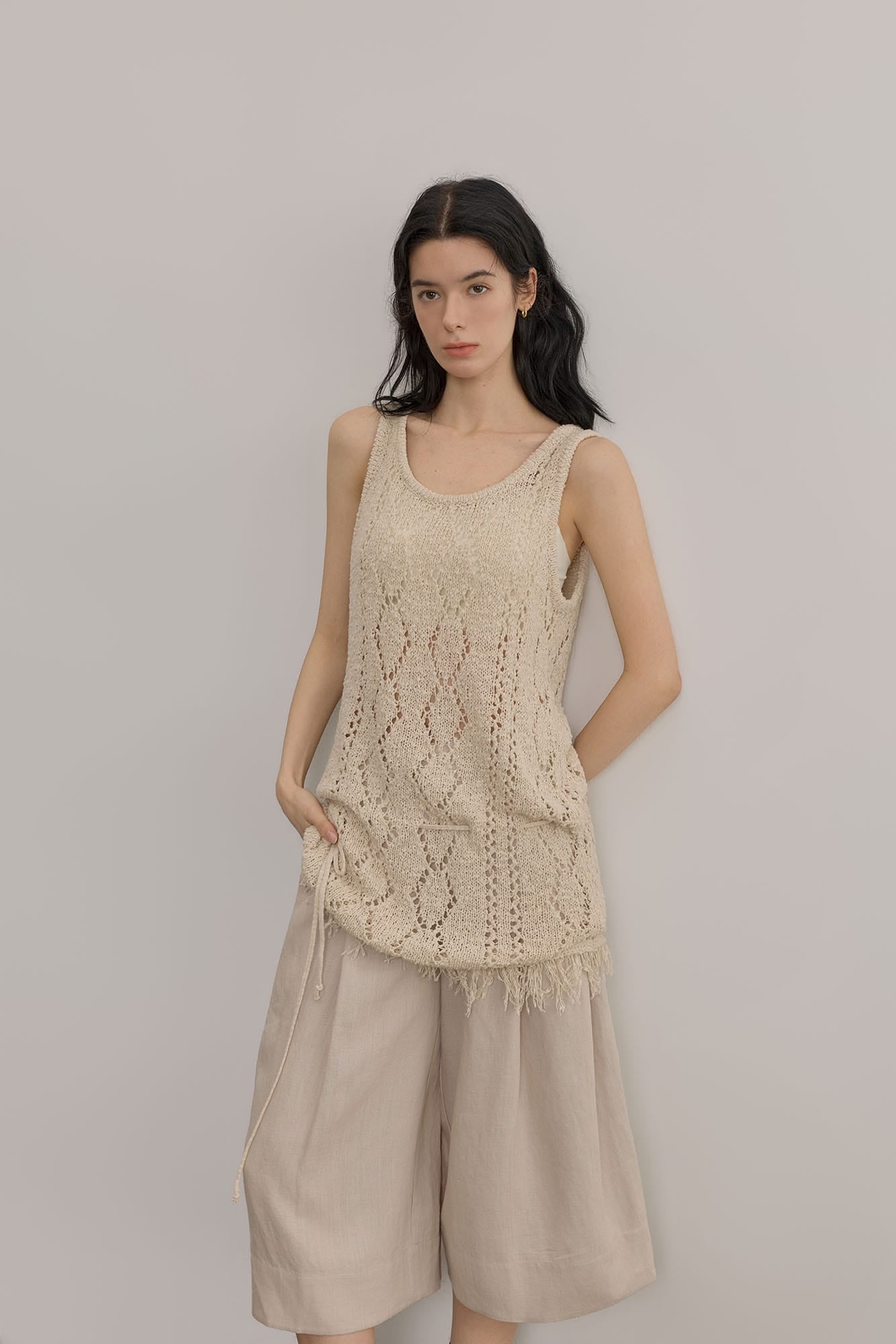 SAME FLOW Open-Knit Fringe Hem Tank Mini Dress