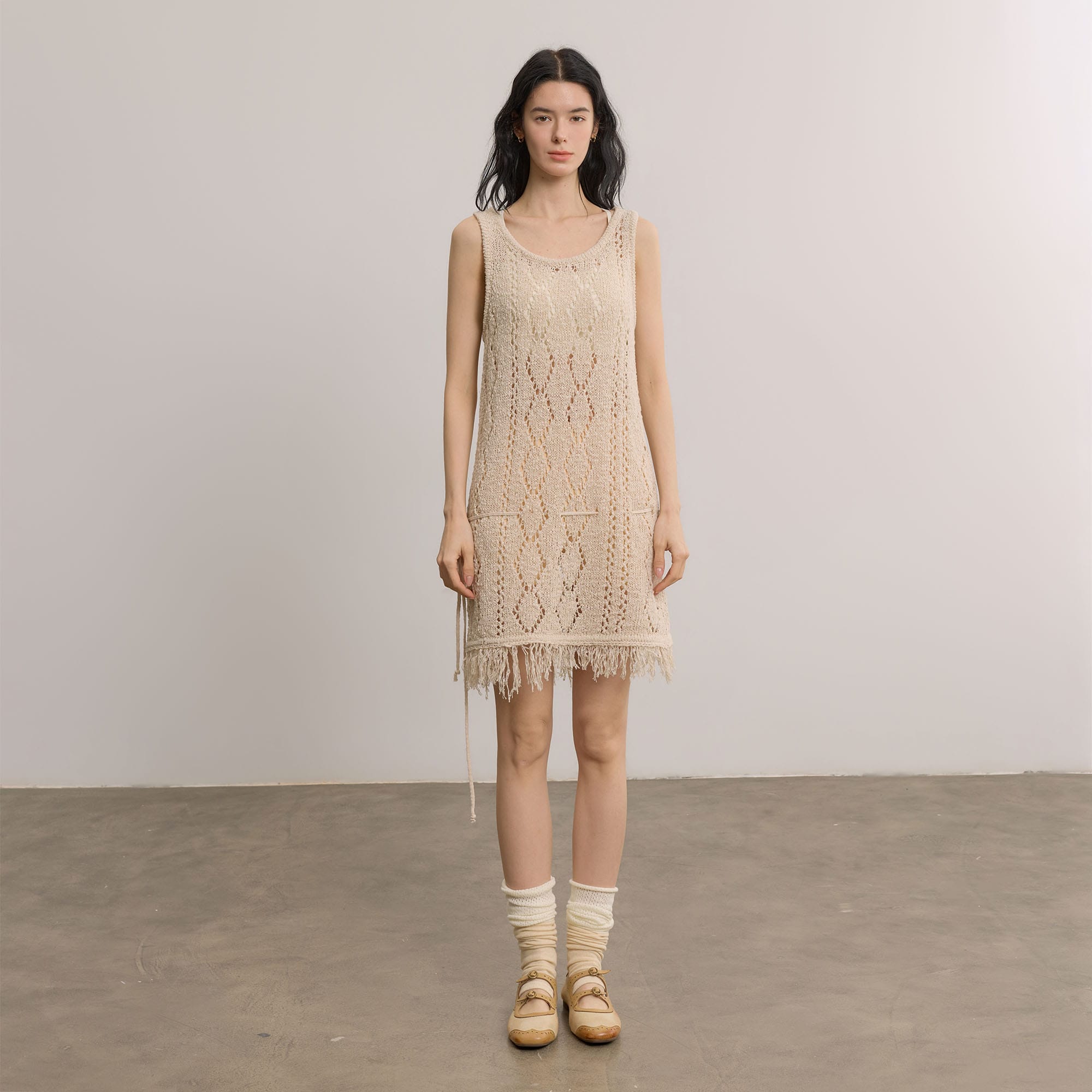 SAME FLOW Open-Knit Fringe Hem Tank Mini Dress