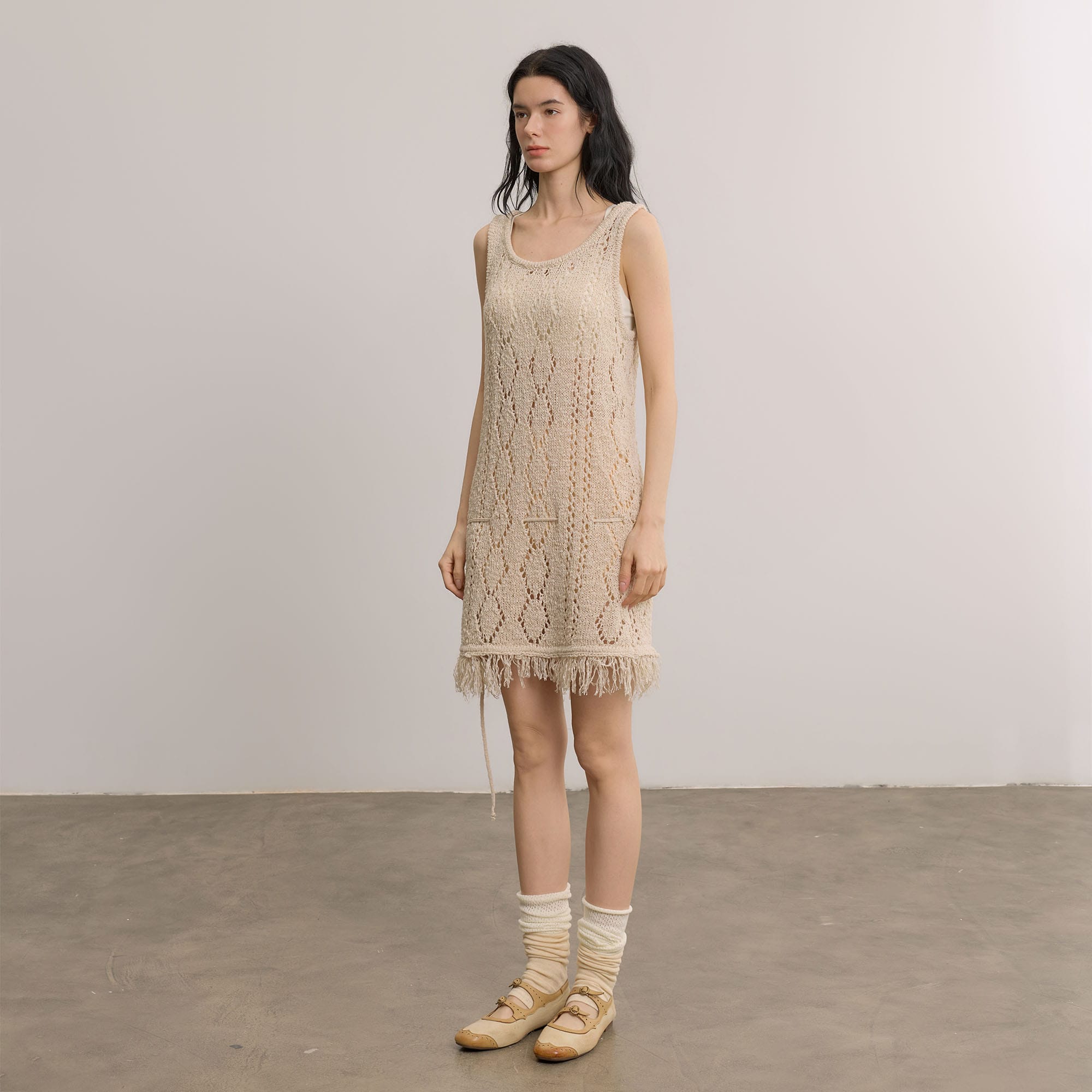 SAME FLOW Open-Knit Fringe Hem Tank Mini Dress