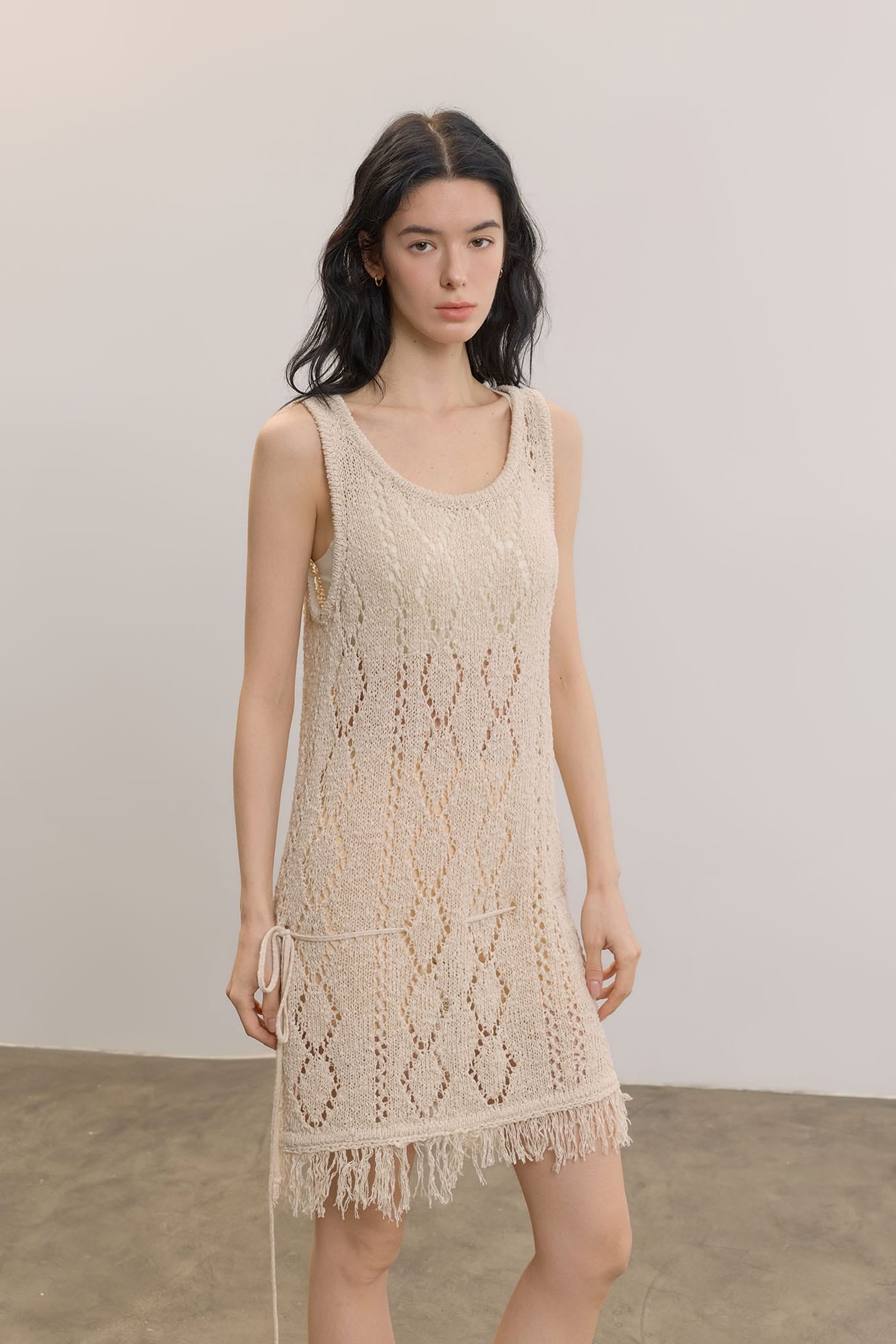 SAME FLOW Open-Knit Fringe Hem Tank Mini Dress