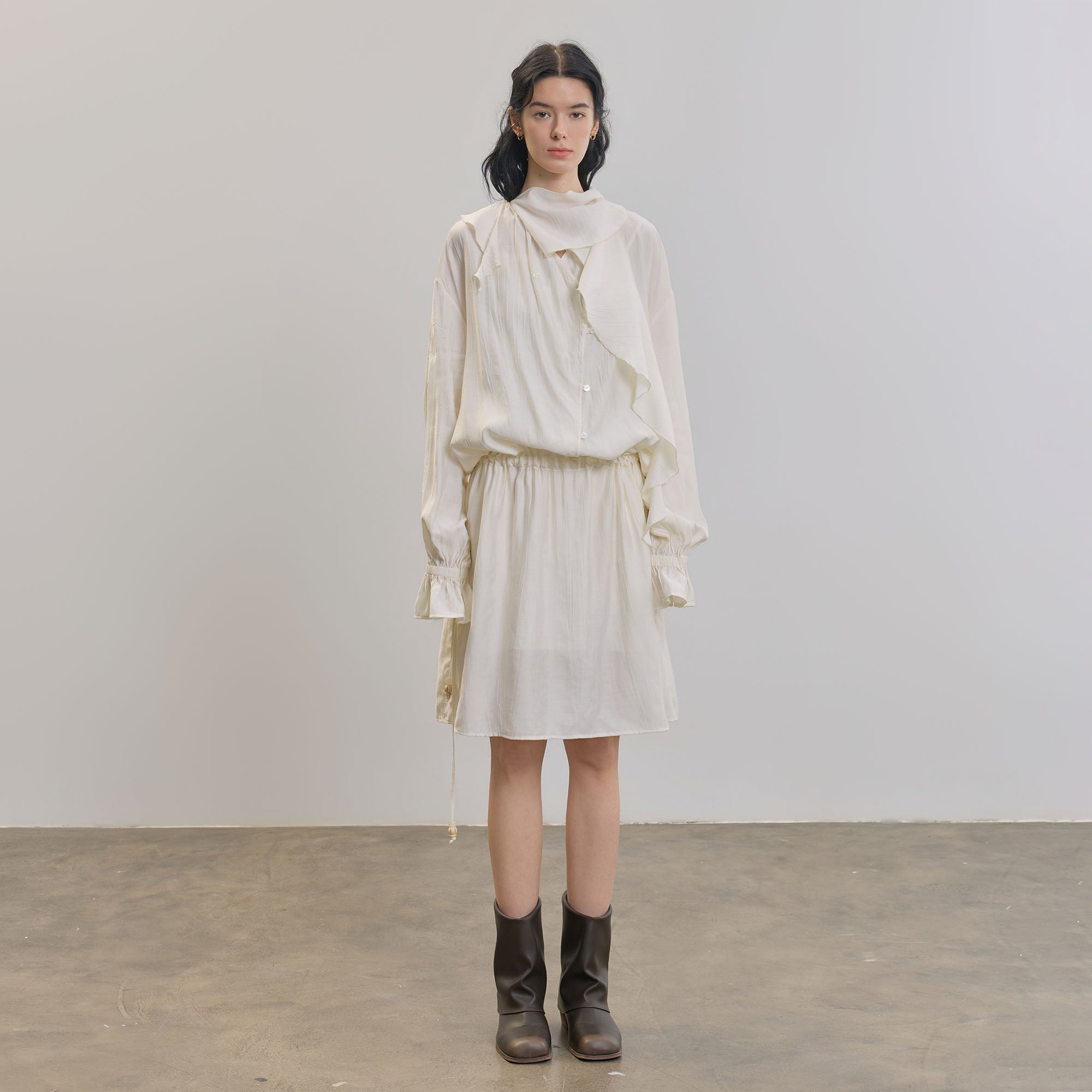 SAME FLOW Draped Scarf-Neck Button-Front Shirt Dress