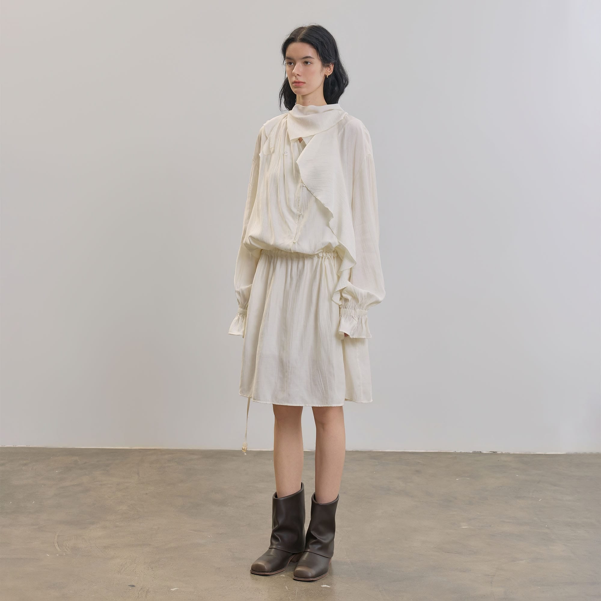 SAME FLOW Draped Scarf-Neck Button-Front Shirt Dress