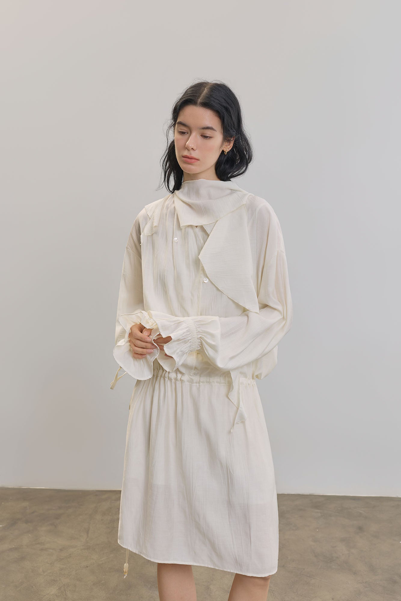 SAME FLOW Draped Scarf-Neck Button-Front Shirt Dress