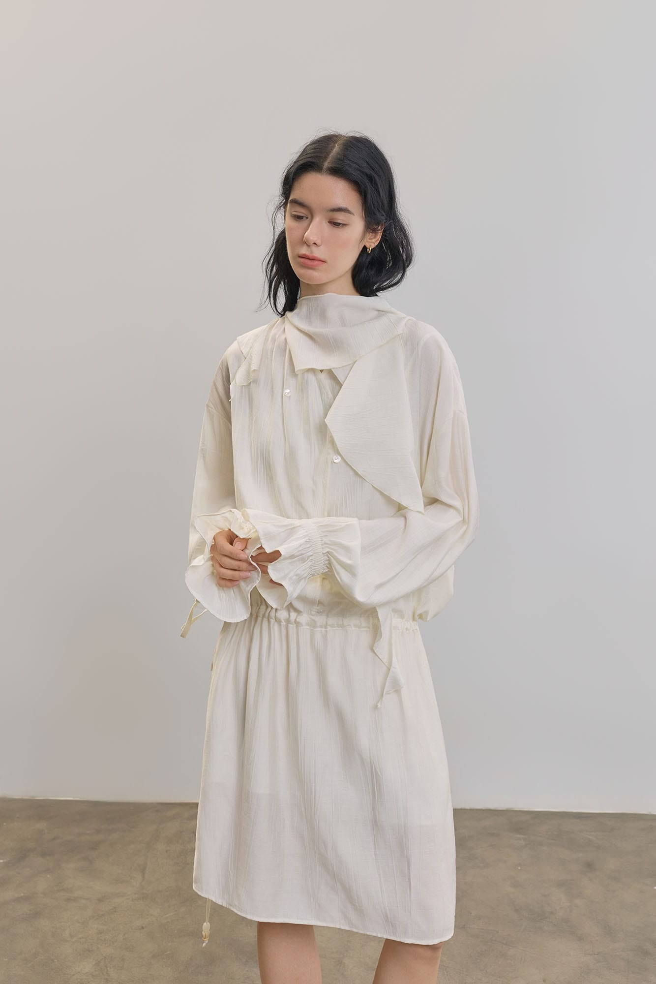 SAME FLOW Draped Scarf-Neck Button-Front Shirt Dress