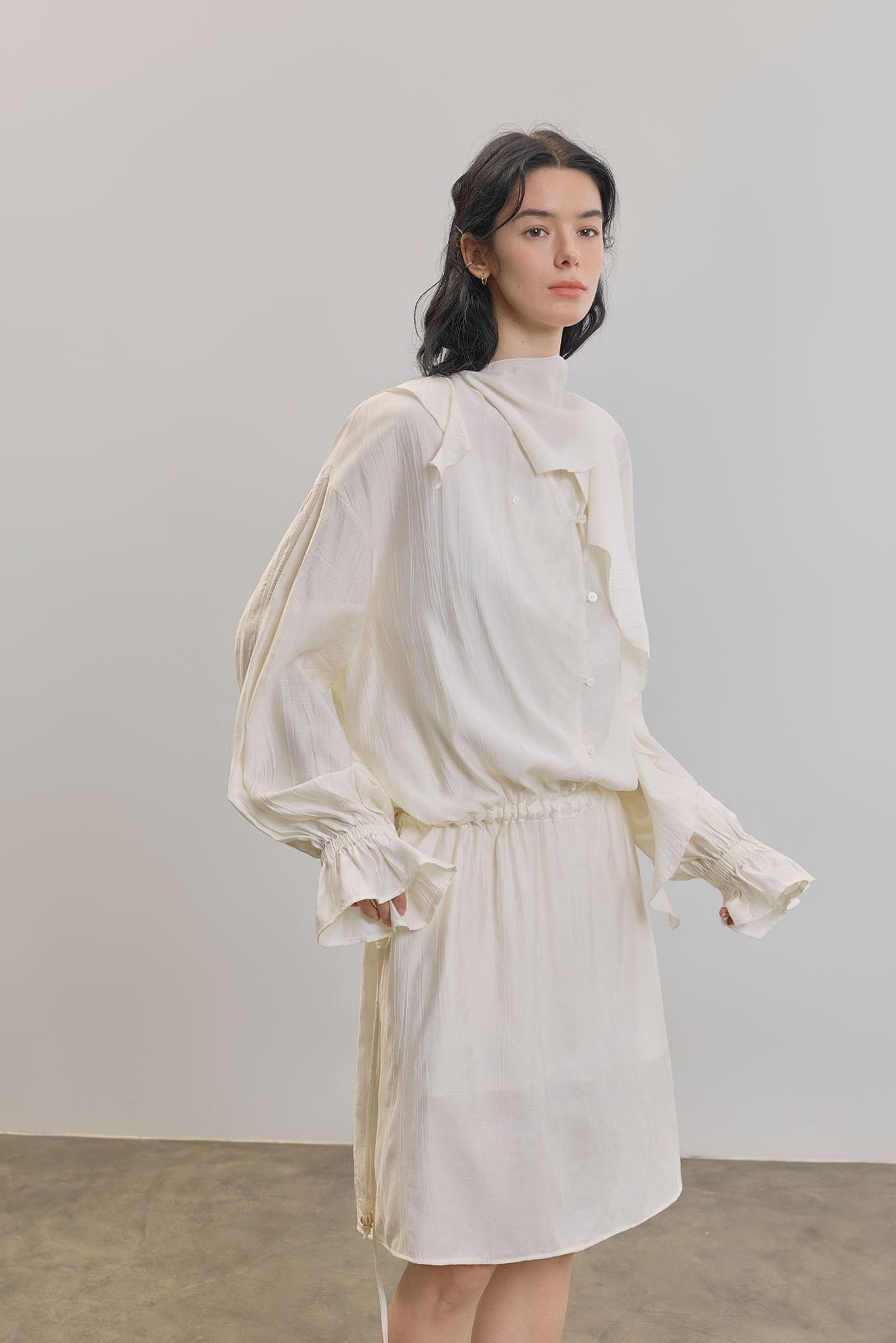 SAME FLOW Draped Scarf-Neck Button-Front Shirt Dress