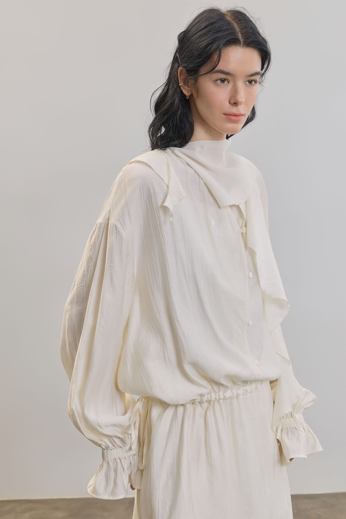 SAME FLOW Draped Scarf-Neck Button-Front Shirt Dress