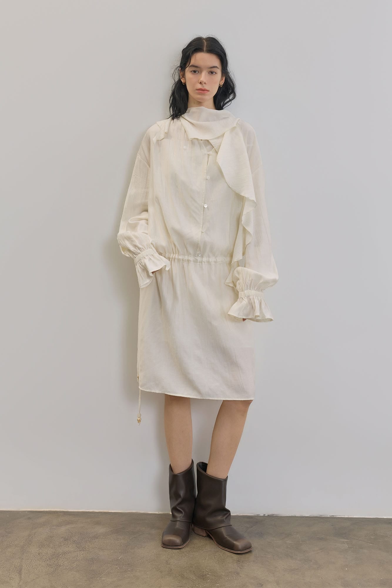 SAME FLOW Draped Scarf-Neck Button-Front Shirt Dress