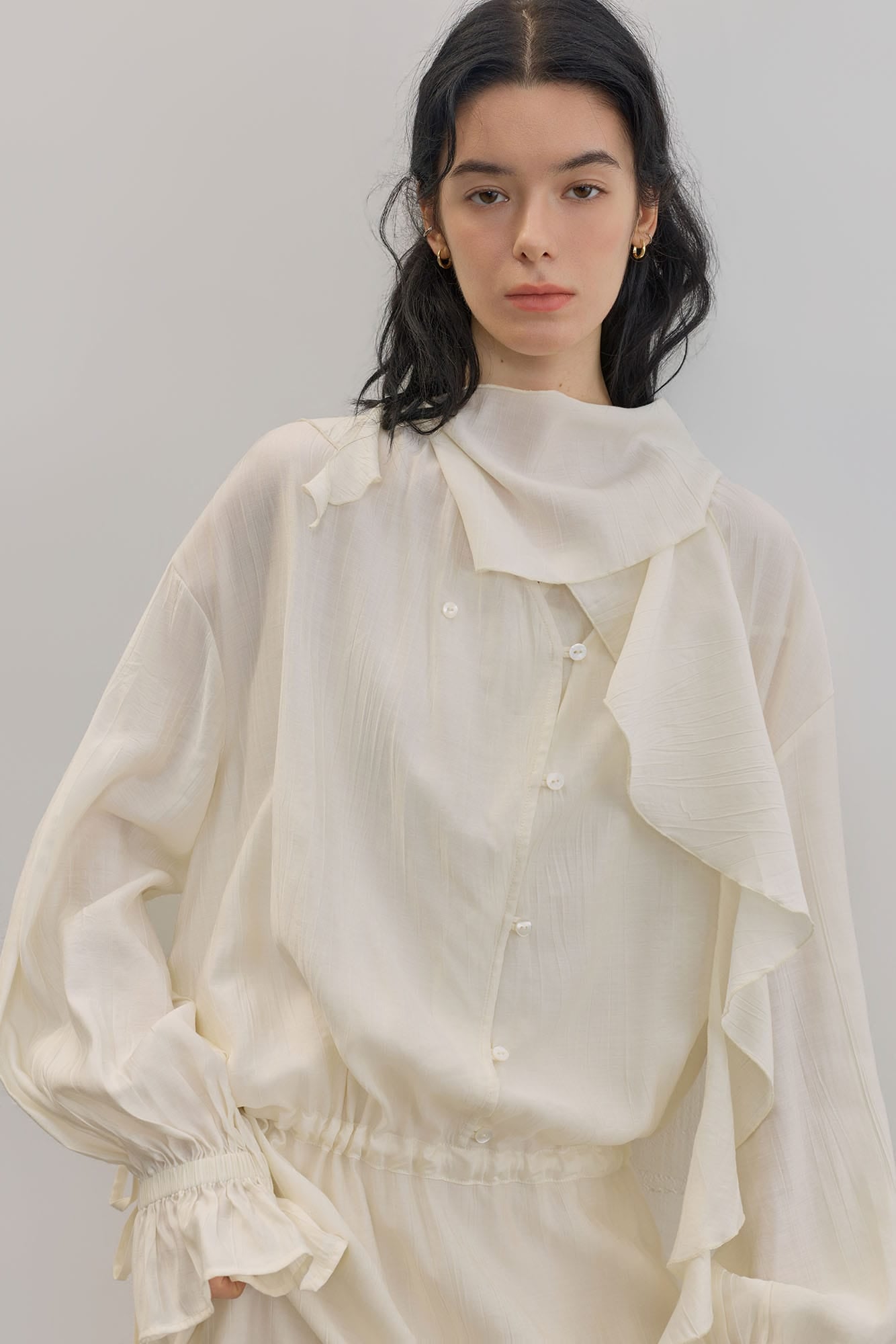SAME FLOW Draped Scarf-Neck Button-Front Shirt Dress