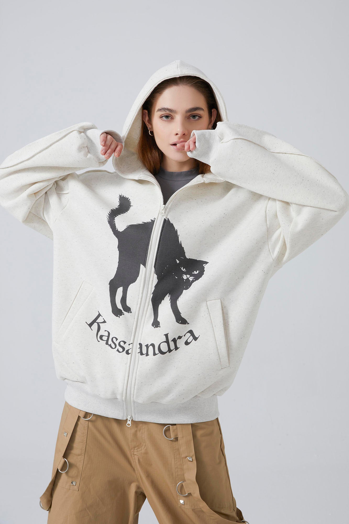 ERROR CODE ROBOT Black Cat Graphic Oversized Zip-Up Hoodie