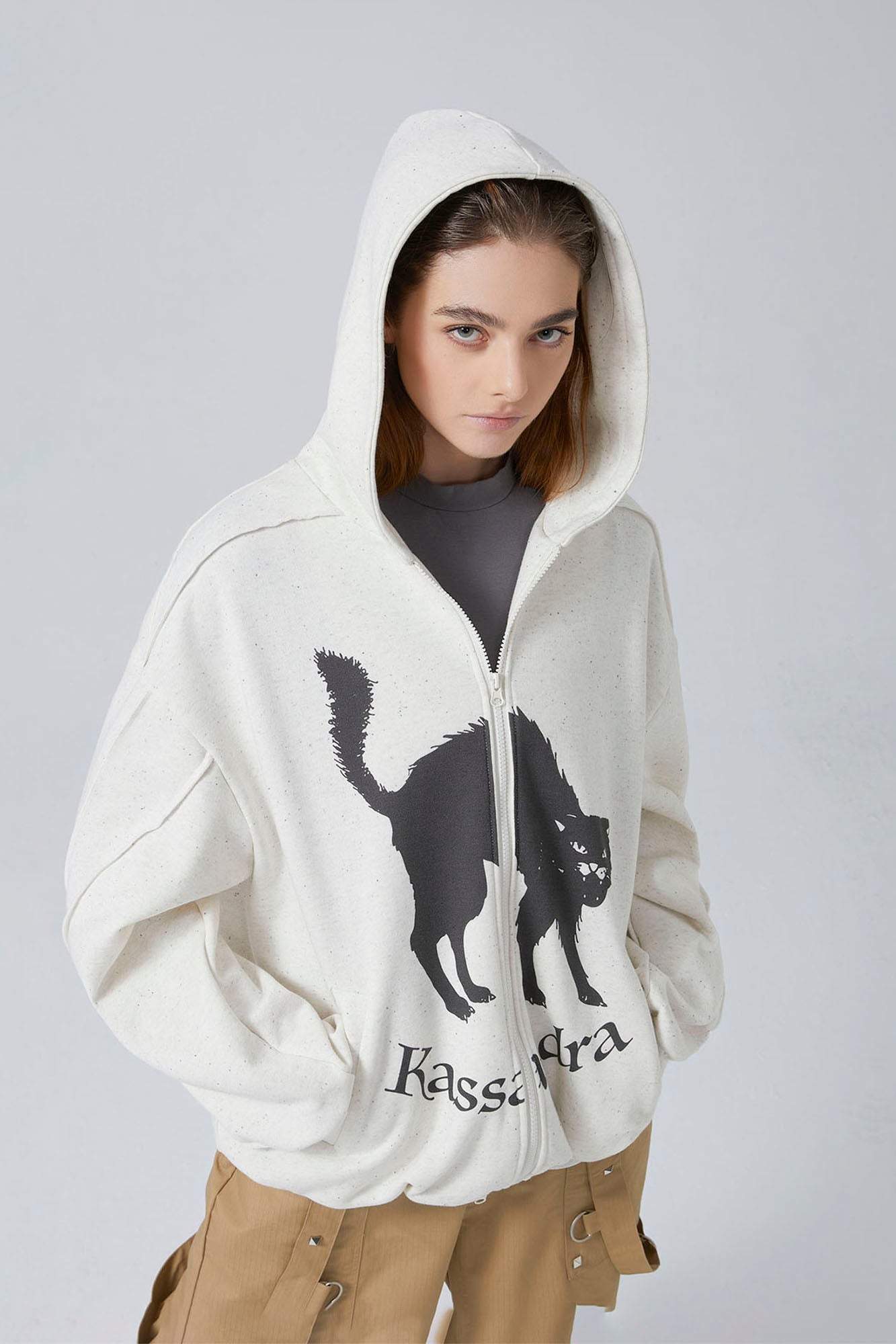 ERROR CODE ROBOT Black Cat Graphic Oversized Zip-Up Hoodie