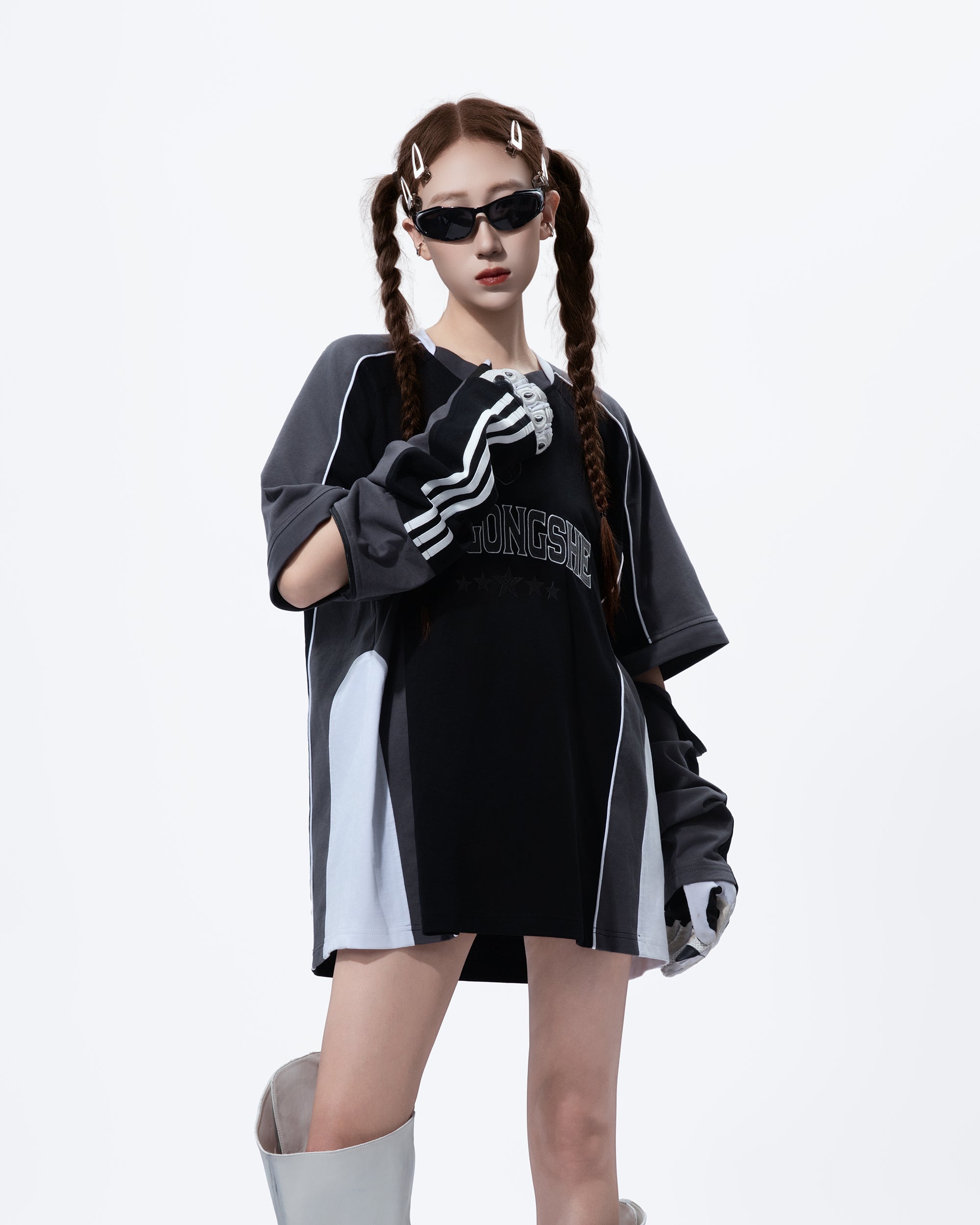 MOGONGSHE Contrast Spliced Detachable Long-Sleeve Tee