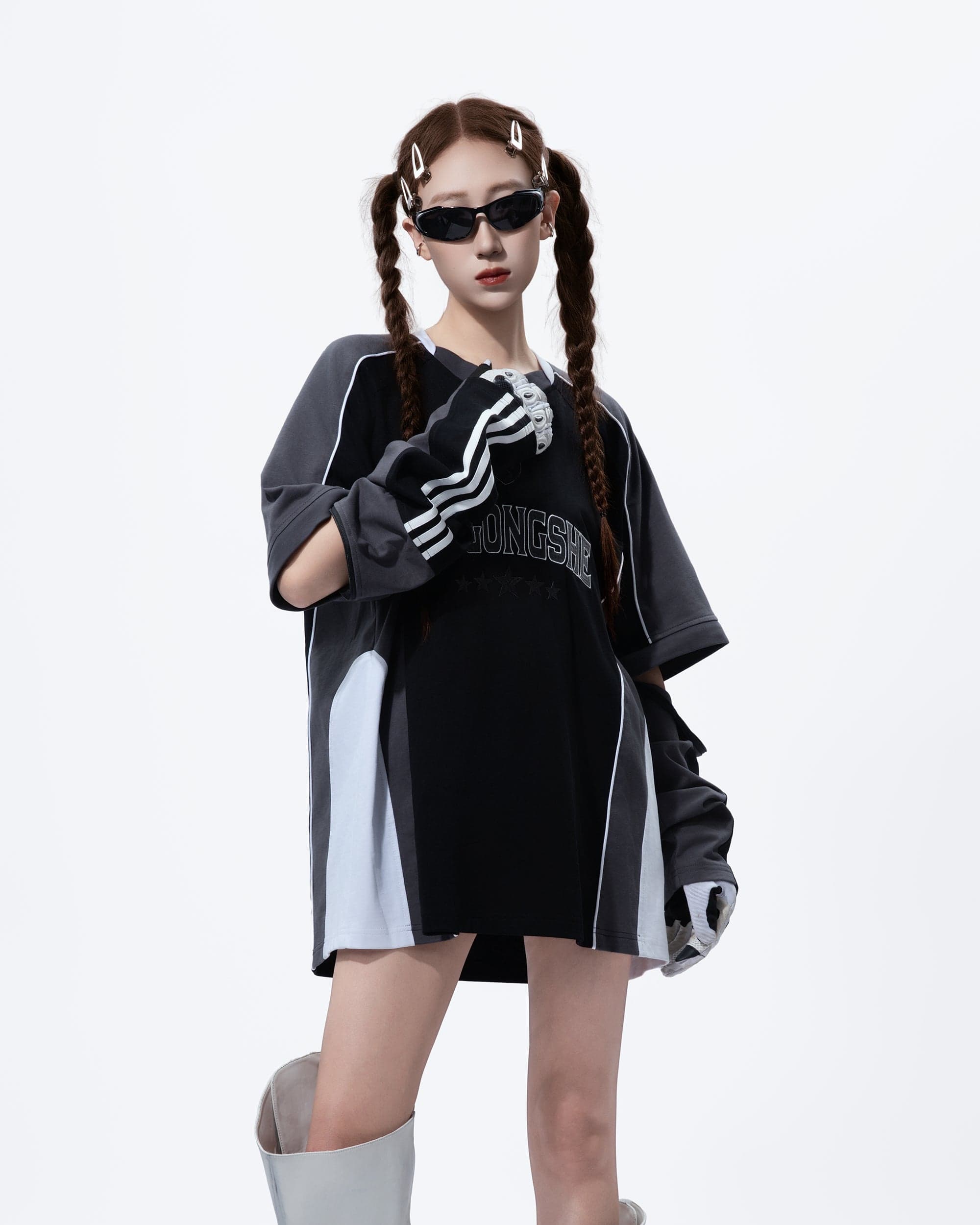 MOGONGSHE Contrast Spliced Detachable Long-Sleeve Tee