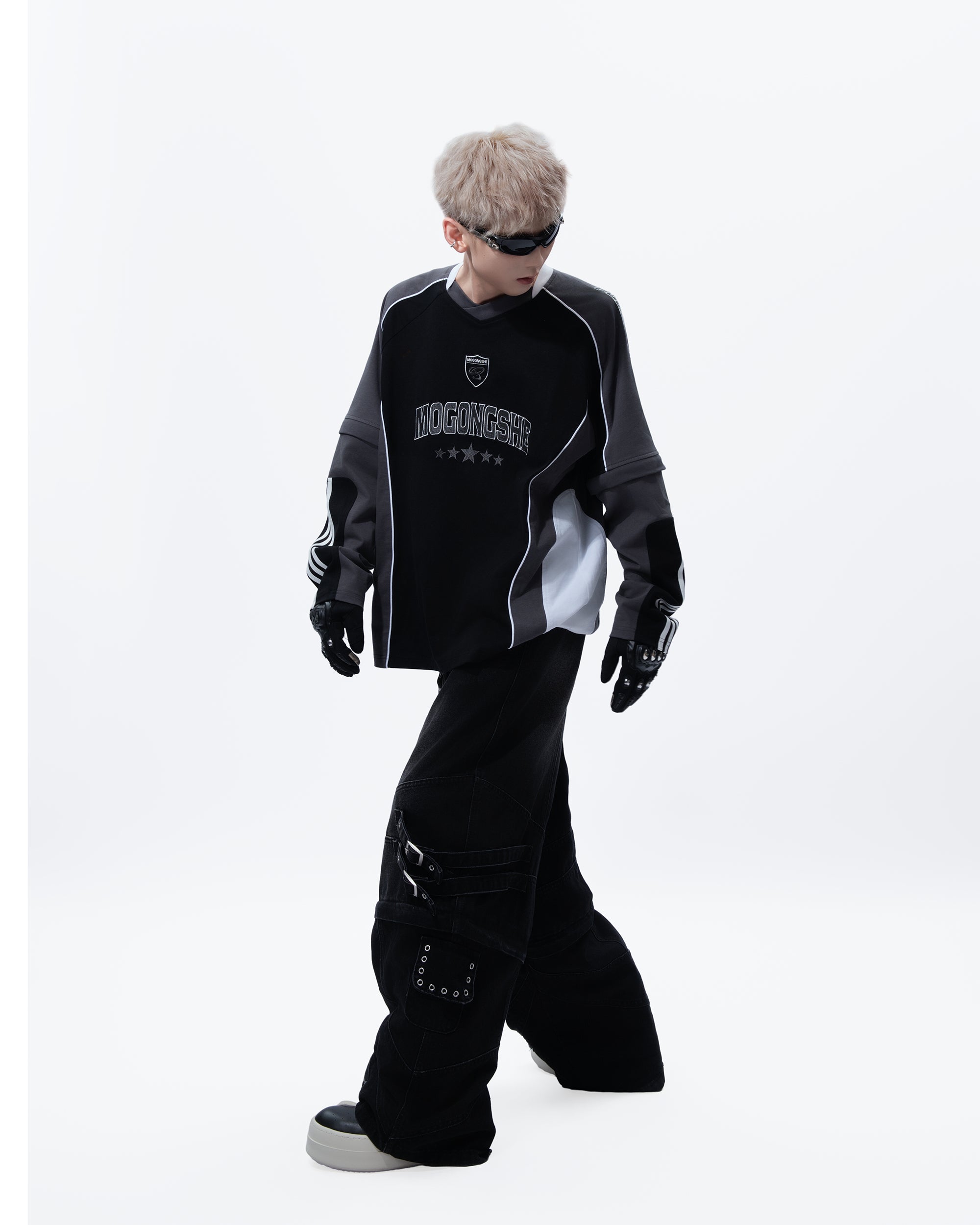 MOGONGSHE Contrast Spliced Detachable Long-Sleeve Tee
