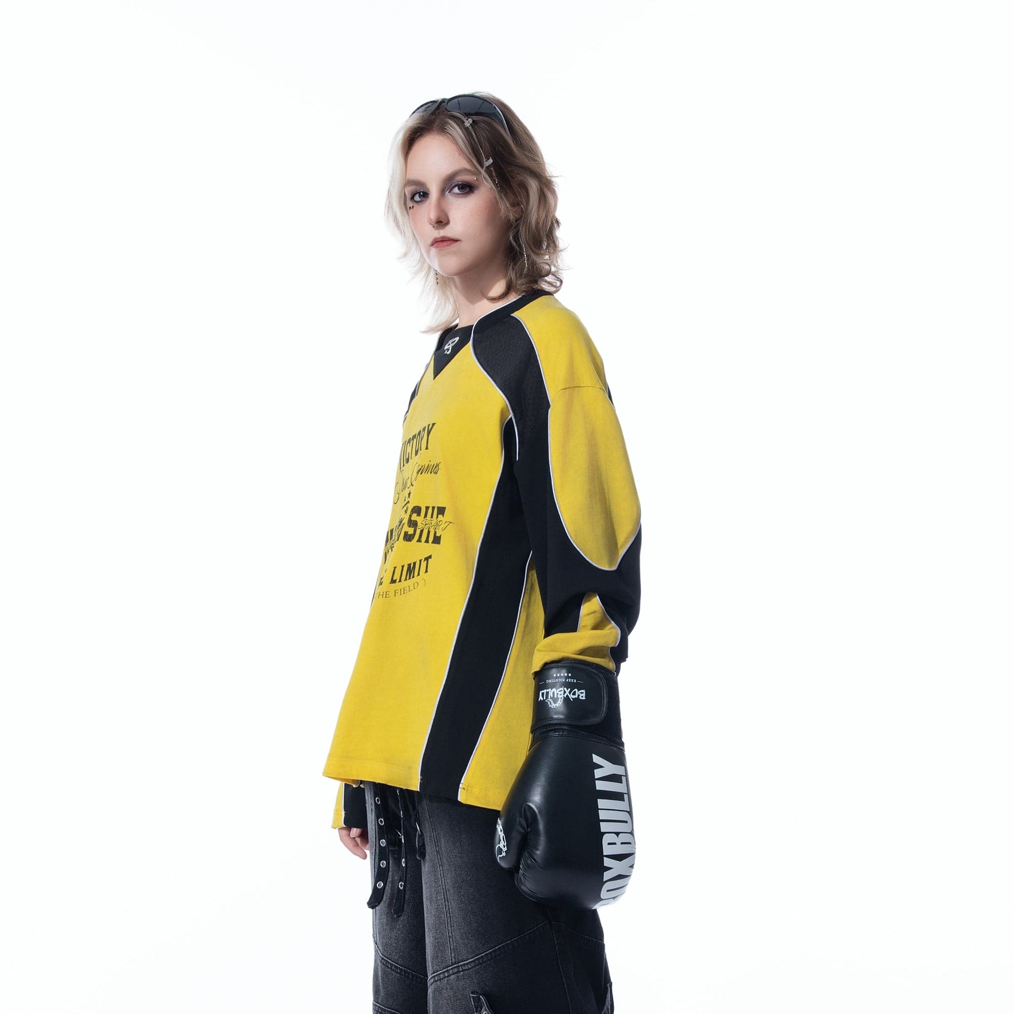 MOGONGSHE Retro Contrast Spliced Raglan Long-Sleeve Tee