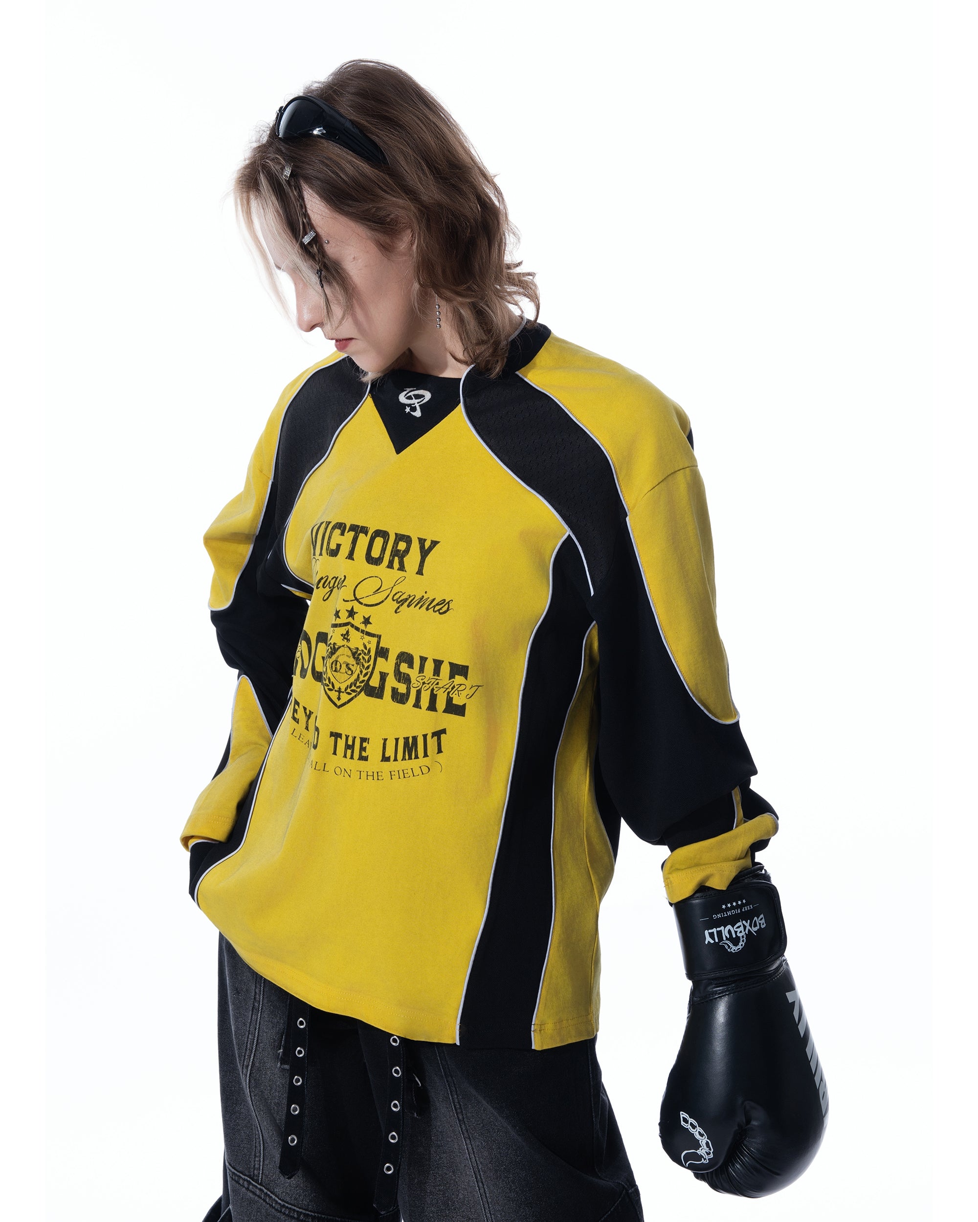 MOGONGSHE Retro Contrast Spliced Raglan Long-Sleeve Tee