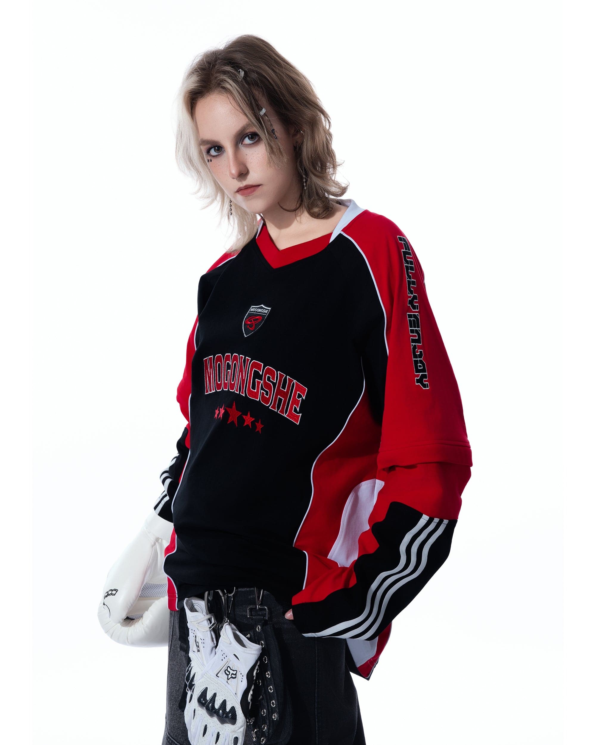 MOGONGSHE Contrast Spliced Detachable Long-Sleeve Tee