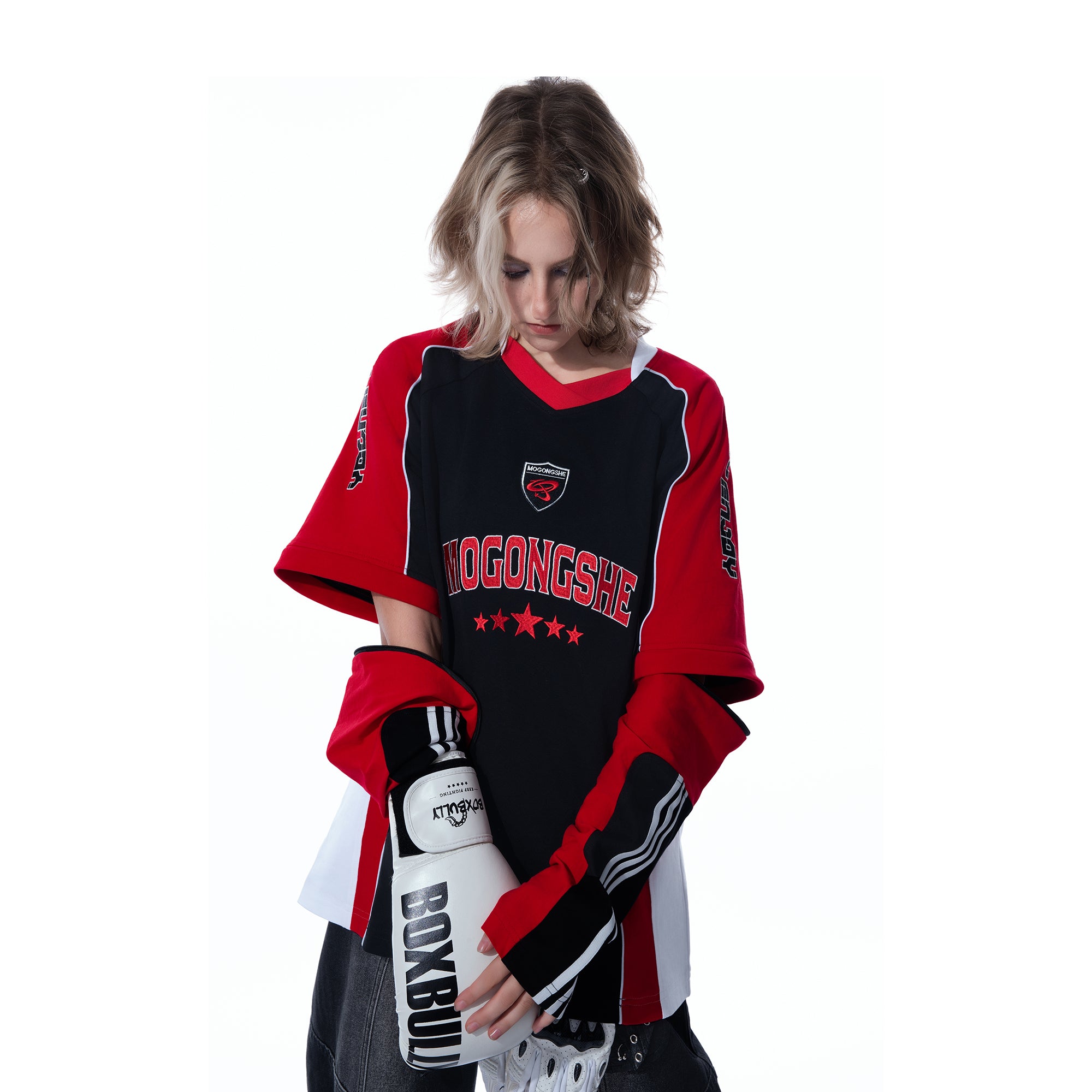 MOGONGSHE Contrast Spliced Detachable Long-Sleeve Tee