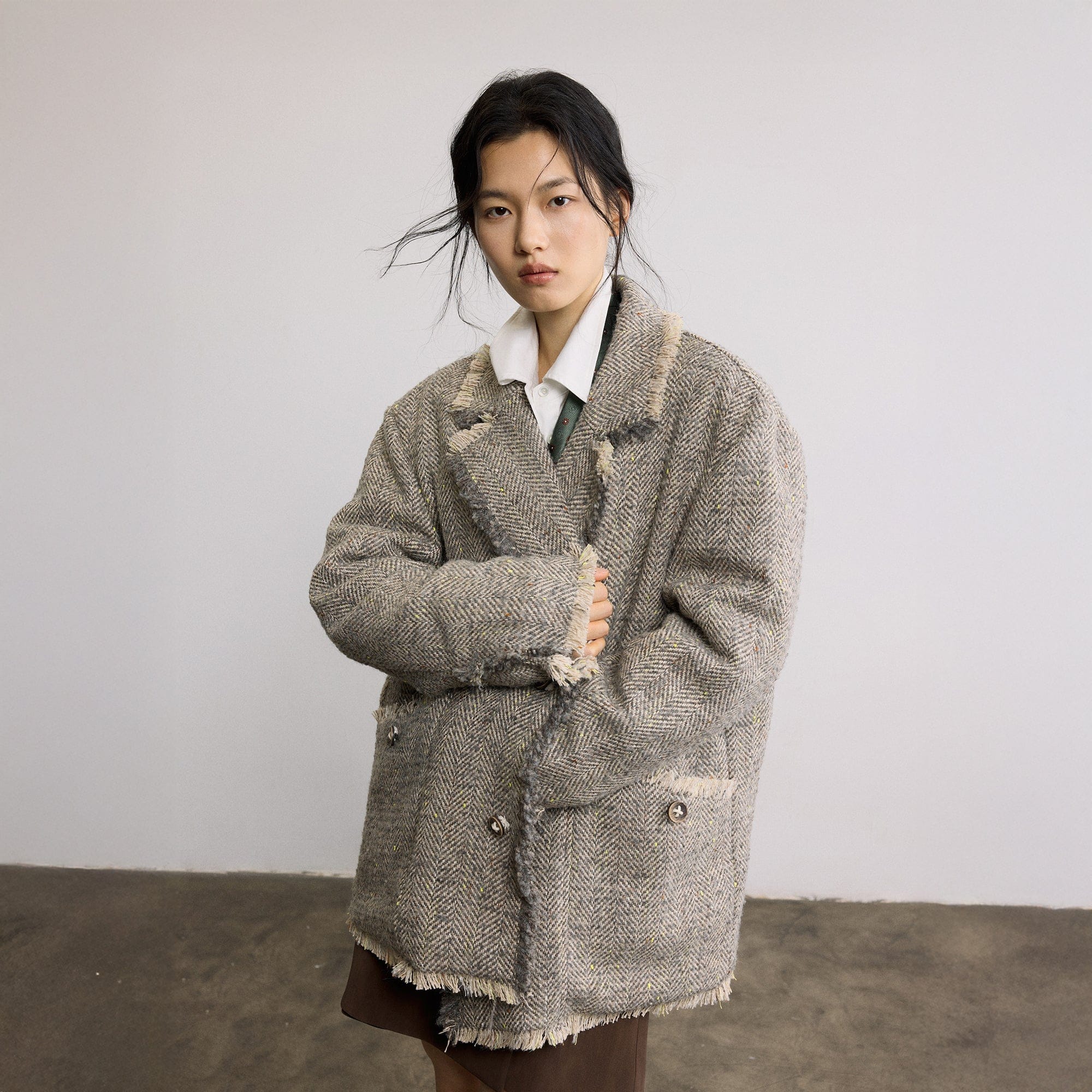 SAME FLOW Frayed Herringbone Insulated Wool-Blend Blazer