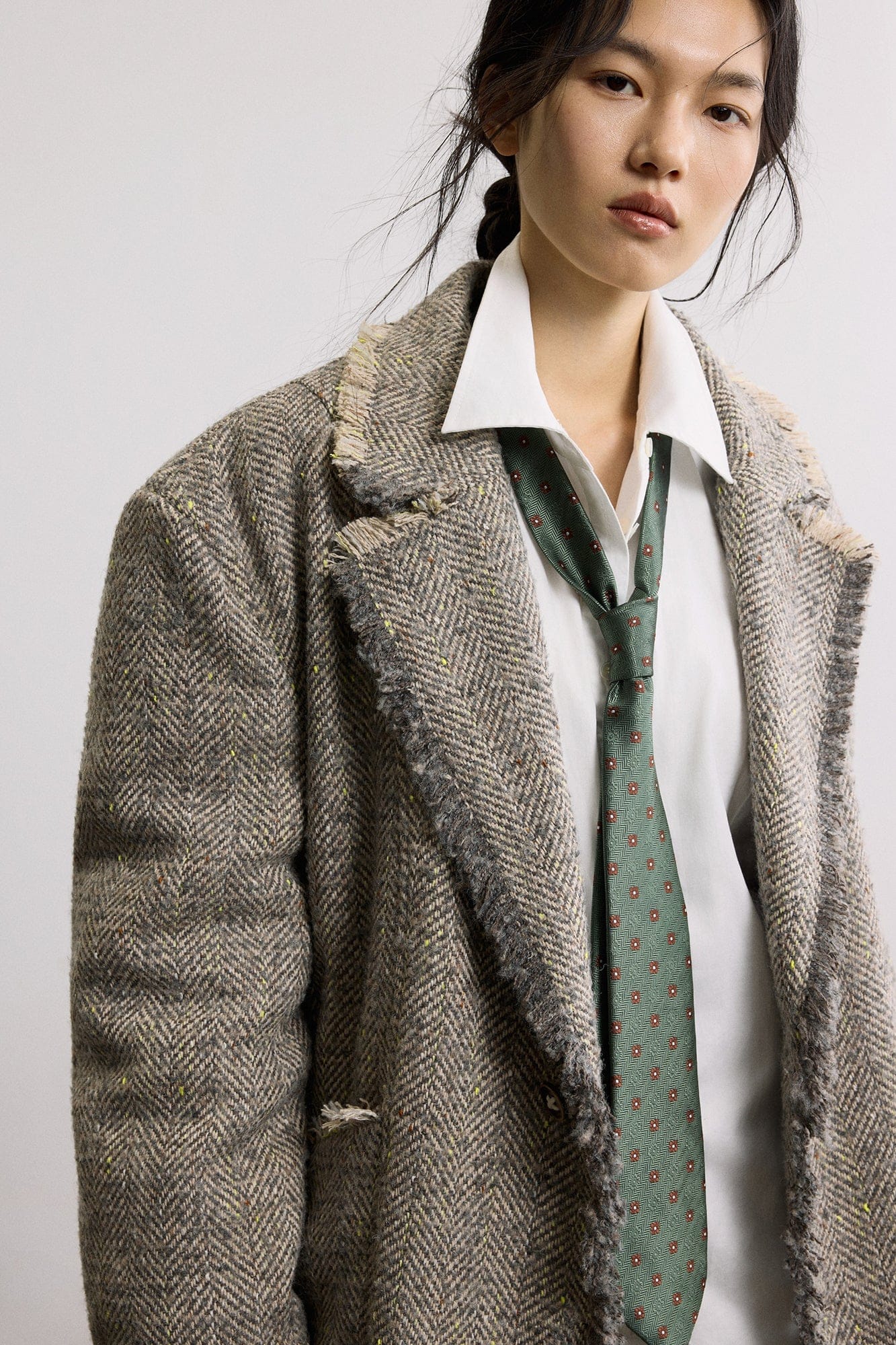 SAME FLOW Frayed Herringbone Insulated Wool-Blend Blazer