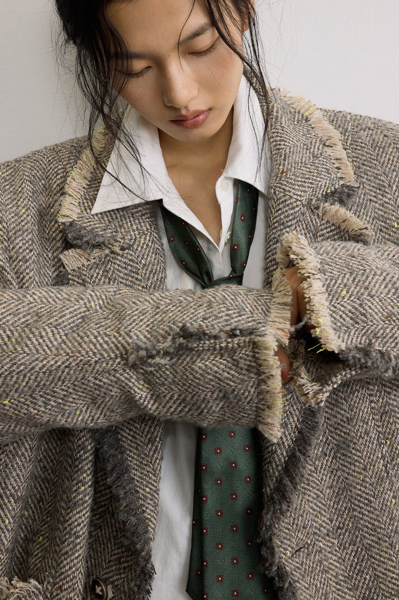SAME FLOW Frayed Herringbone Insulated Wool-Blend Blazer