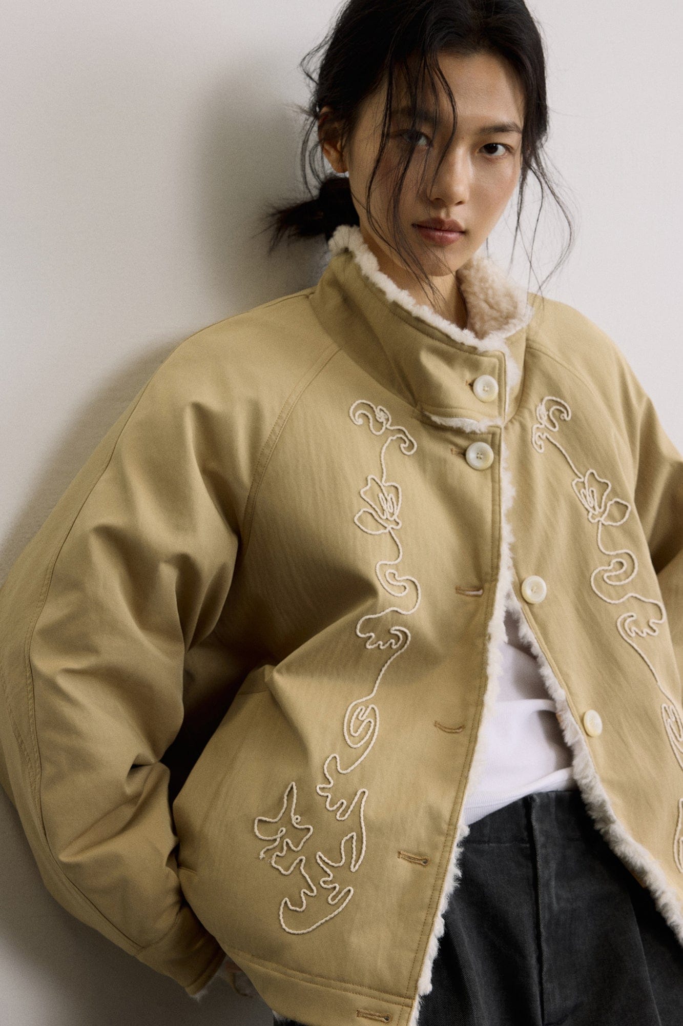 SAME FLOW Reversible Embroidered Fleece-Lined Jacket