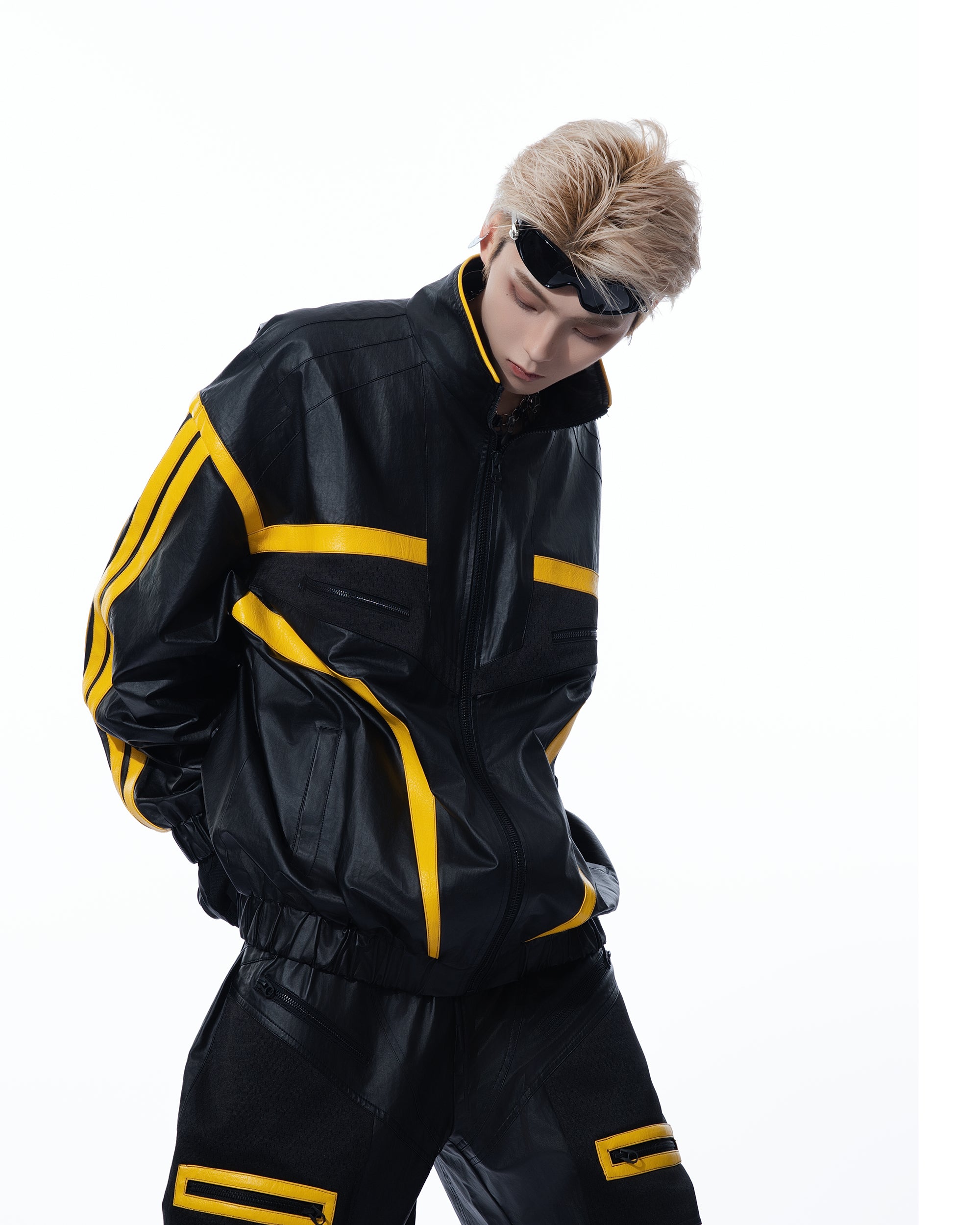 MOGONGSHE Contrast Stripe PU Moto Jacket