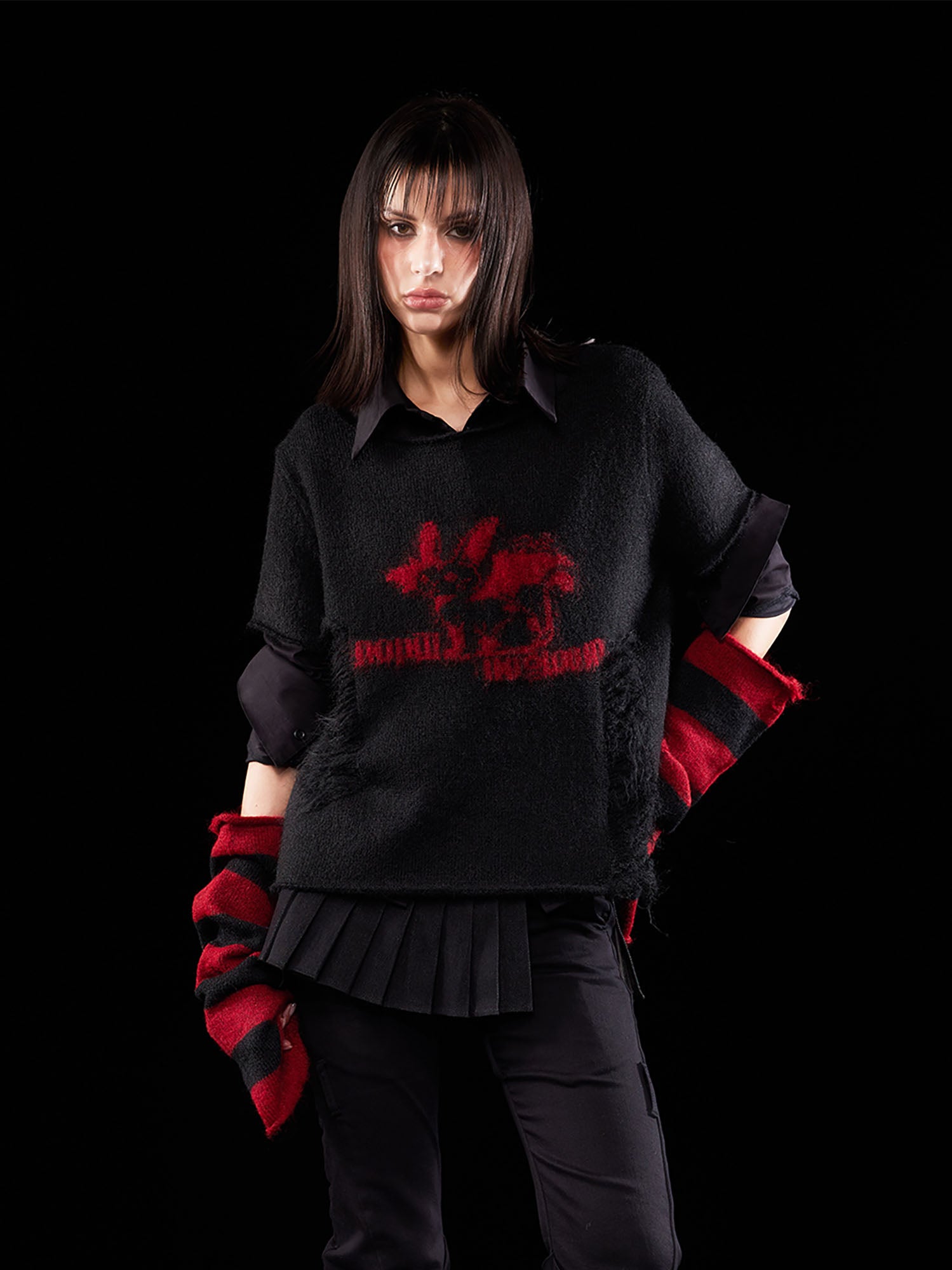 EMOHA Detachable Striped Sleeve Bunny Jacquard Sweater