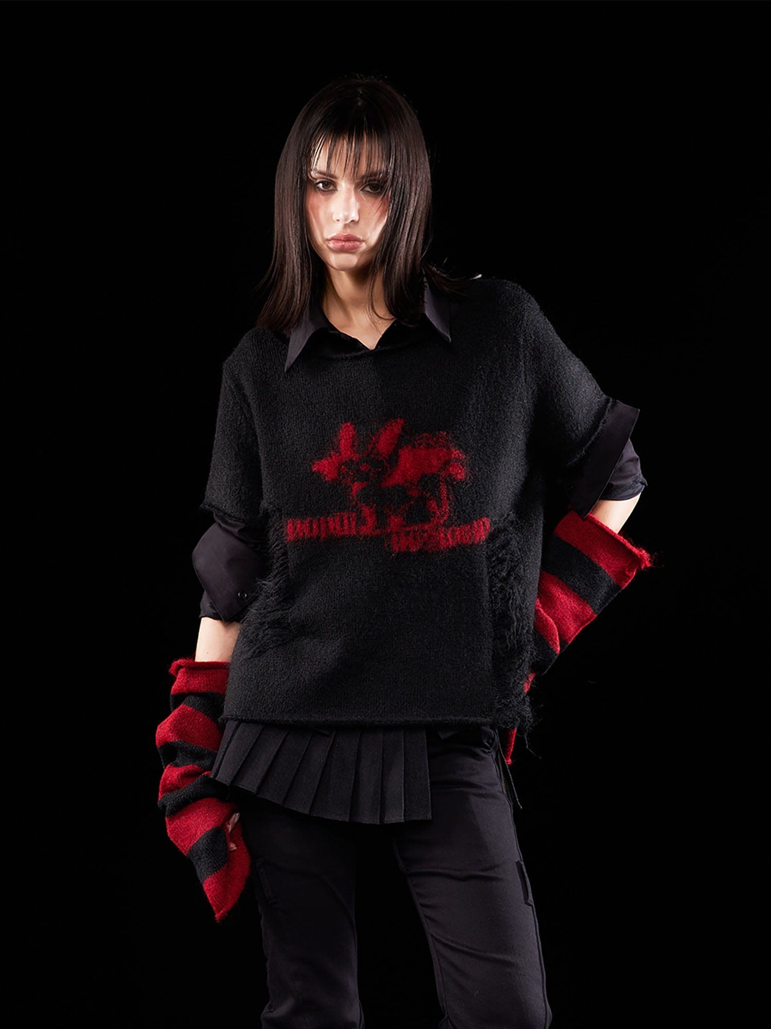 EMOHA Detachable Striped Sleeve Bunny Jacquard Sweater