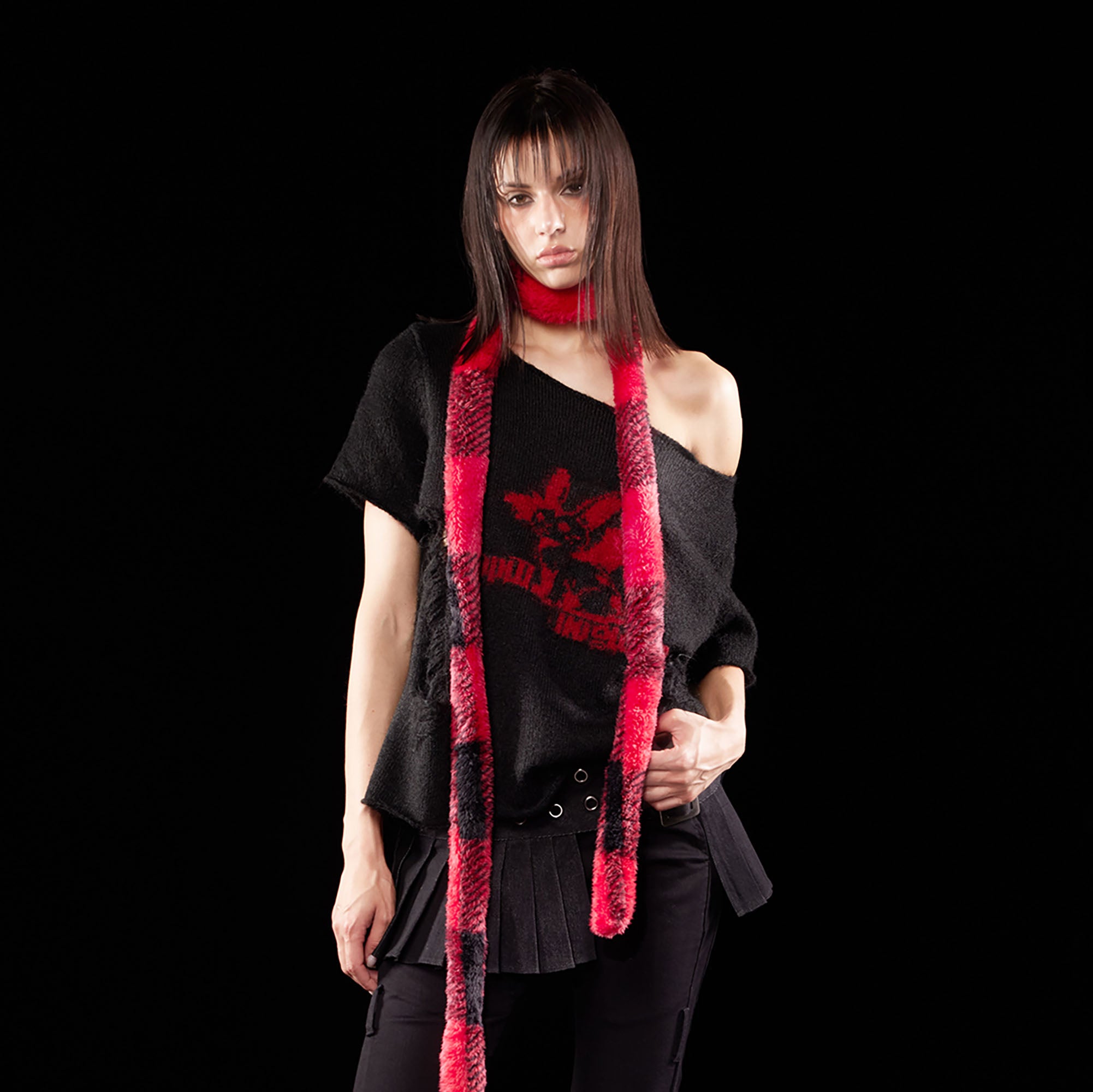 EMOHA Detachable Striped Sleeve Bunny Jacquard Sweater