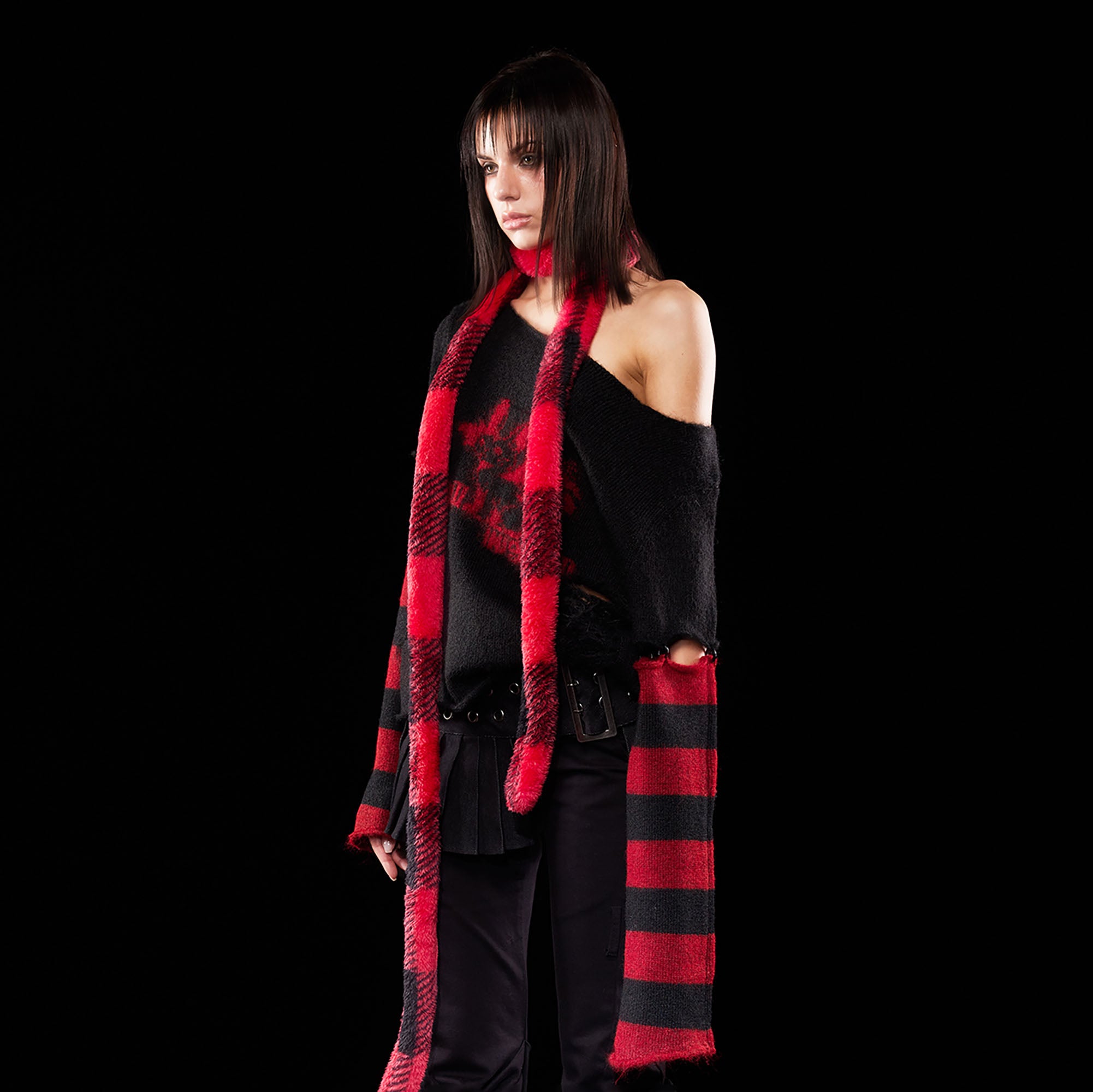 EMOHA Detachable Striped Sleeve Bunny Jacquard Sweater