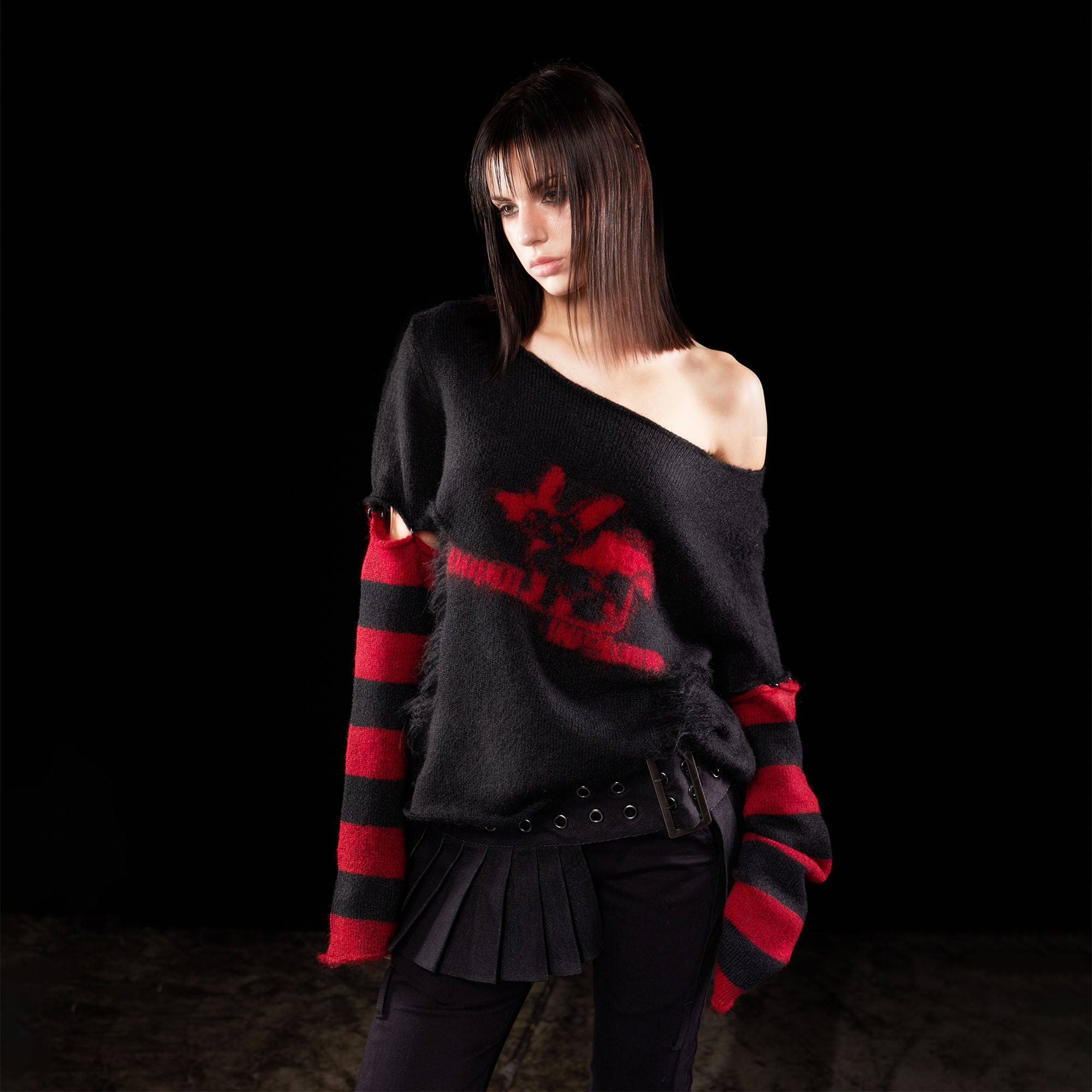 EMOHA Detachable Striped Sleeve Bunny Jacquard Sweater