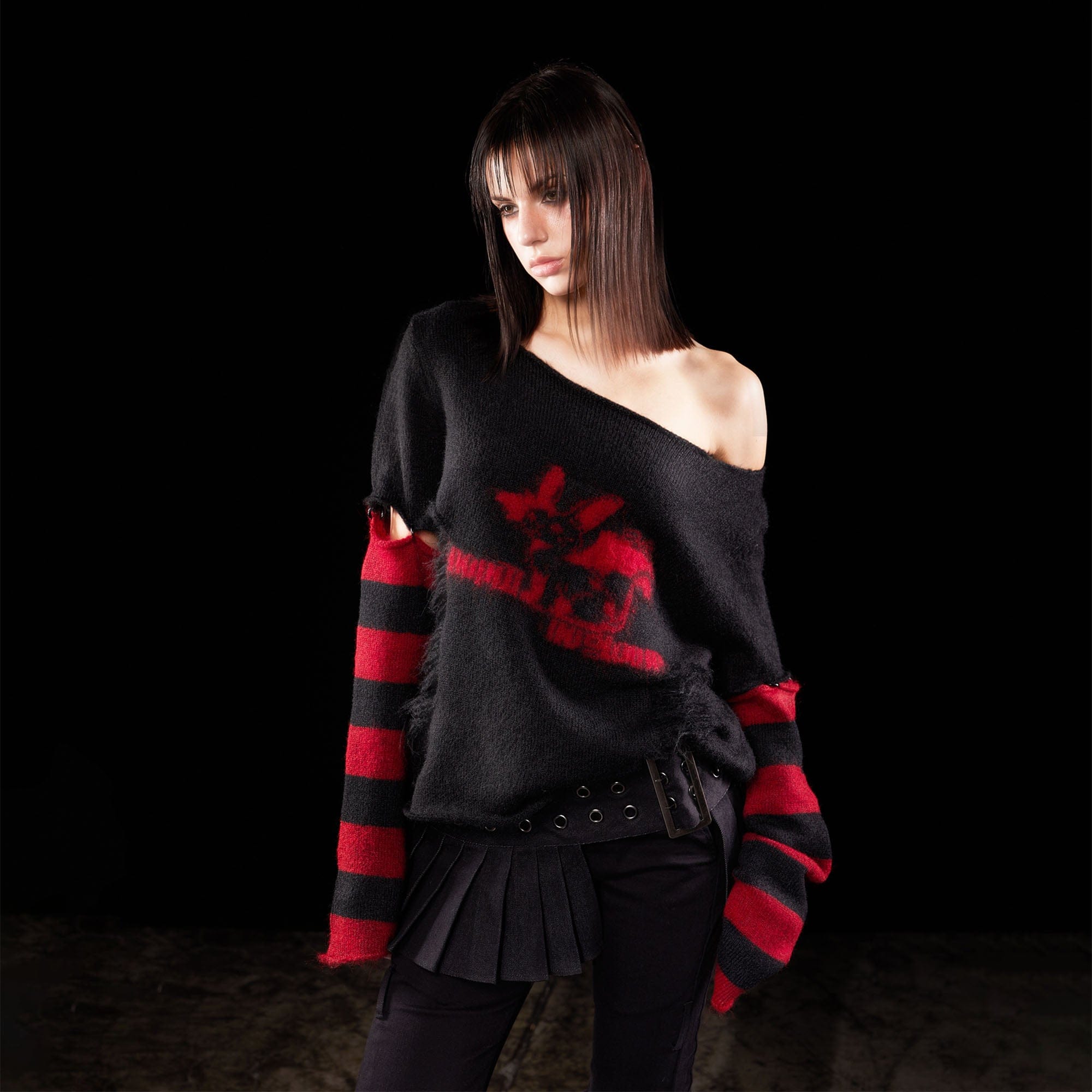 EMOHA Detachable Striped Sleeve Bunny Jacquard Sweater