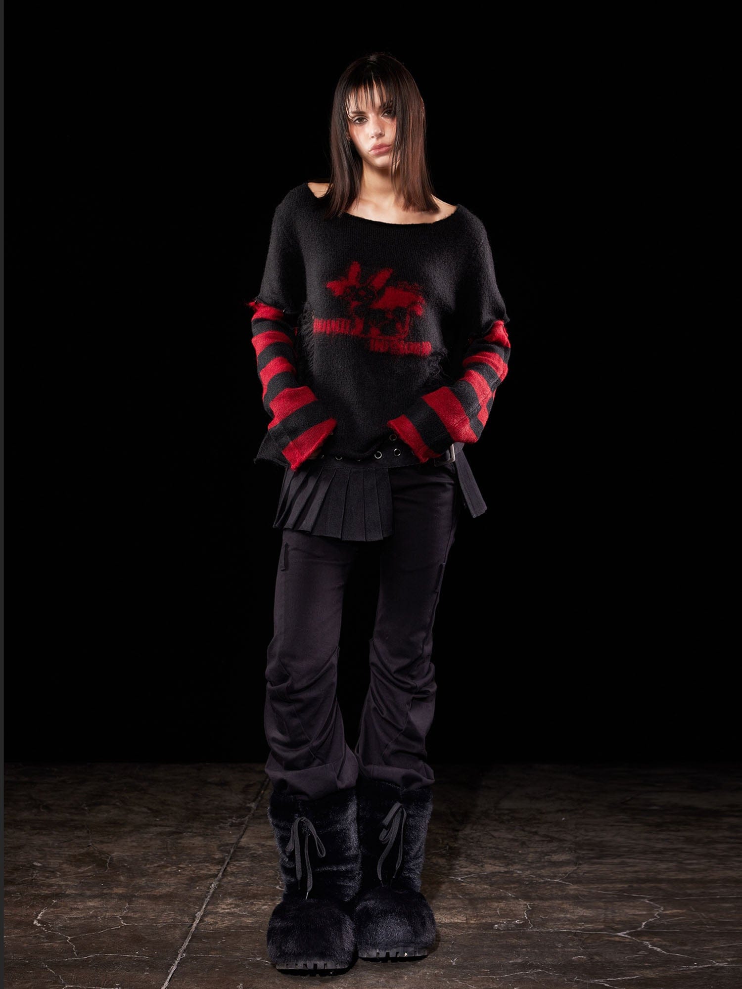 EMOHA Detachable Striped Sleeve Bunny Jacquard Sweater