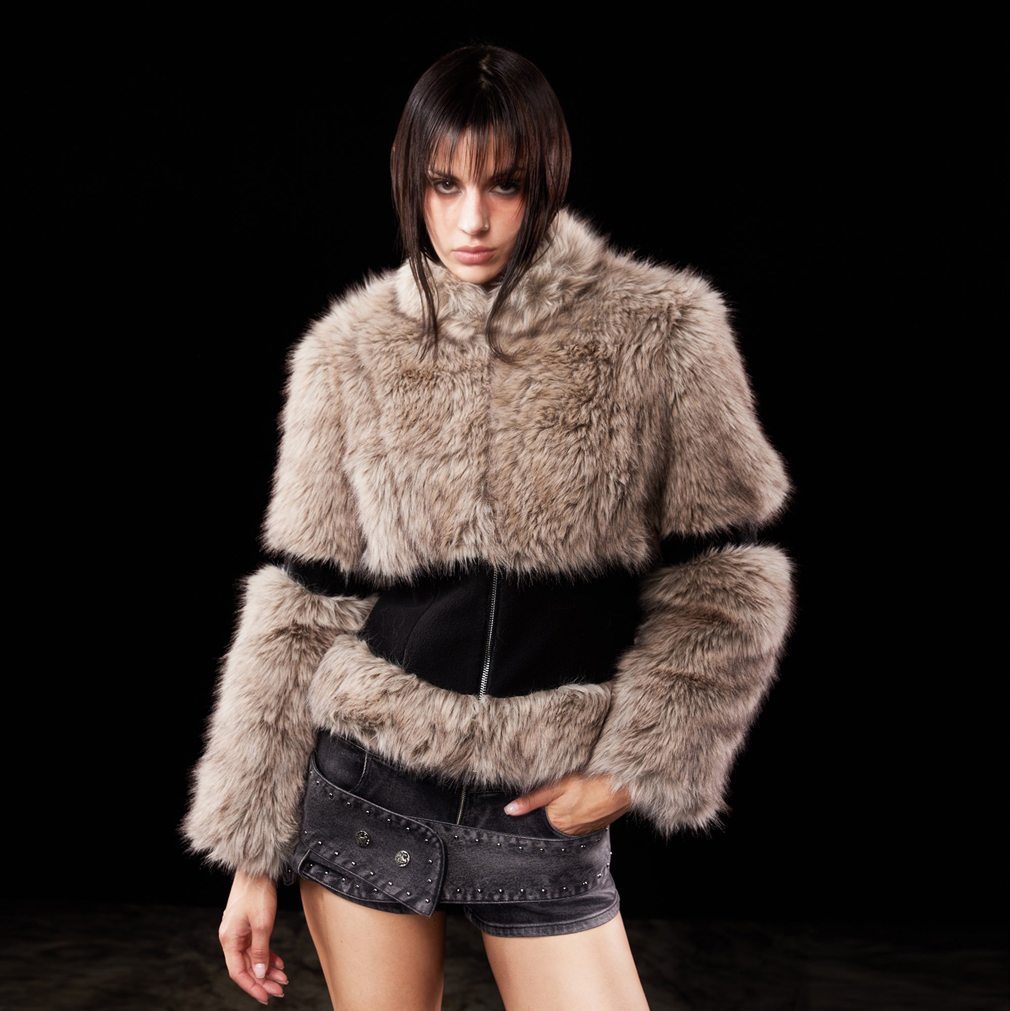EMOHA Faux Fur Spliced Waist Cropped Jacket
